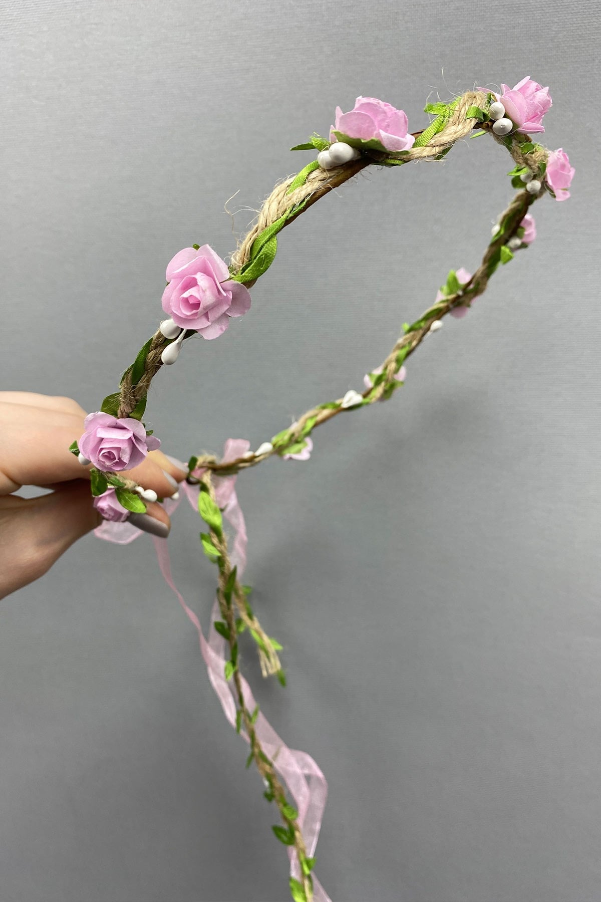 Pembe Kagıt Güllü Yapraklı Nedime Tacı ve Hediyelik Çocuk Tacı