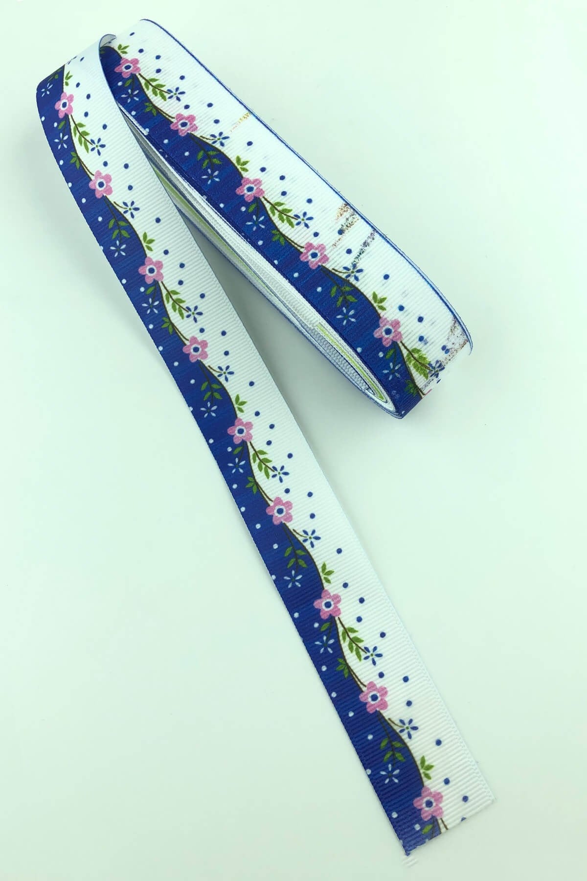 Pink Navy Blue Floral Figure Printed Grosgrain Ribbon 10 Mt