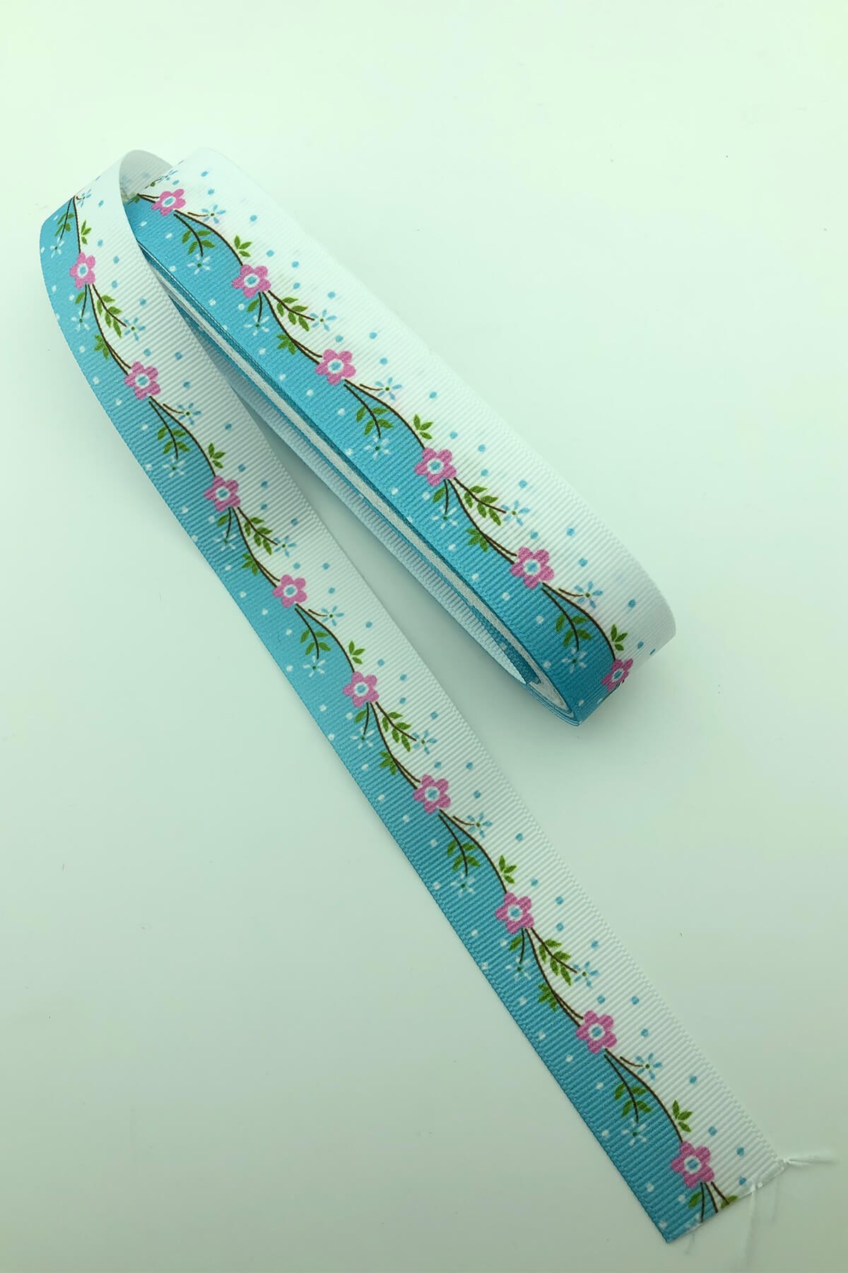 Pink Blue Floral Figure Printed Grosgrain Ribbon 10 Mt