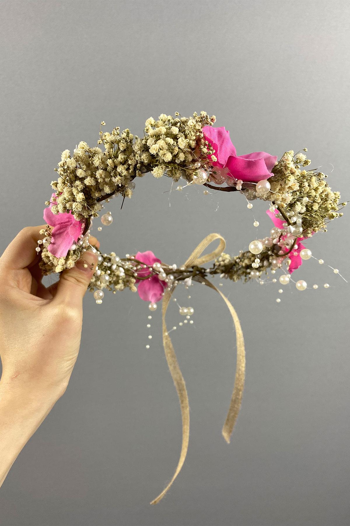 Pembe Ortanca Ve Şoklanmış Cipso Kuru Çiçekli İncili Gelin Tacı