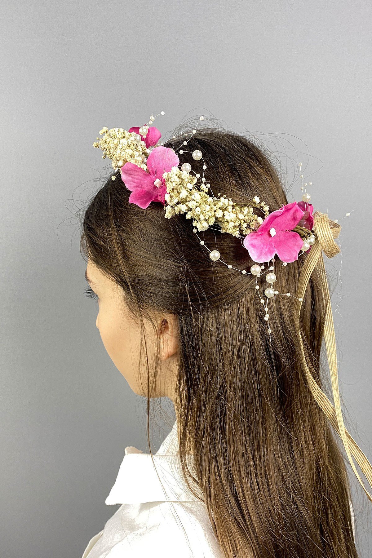 Pembe Ortancalı Kuru Çiçekli İncili Dış Çekim Gelin Saç Aksesuarı
