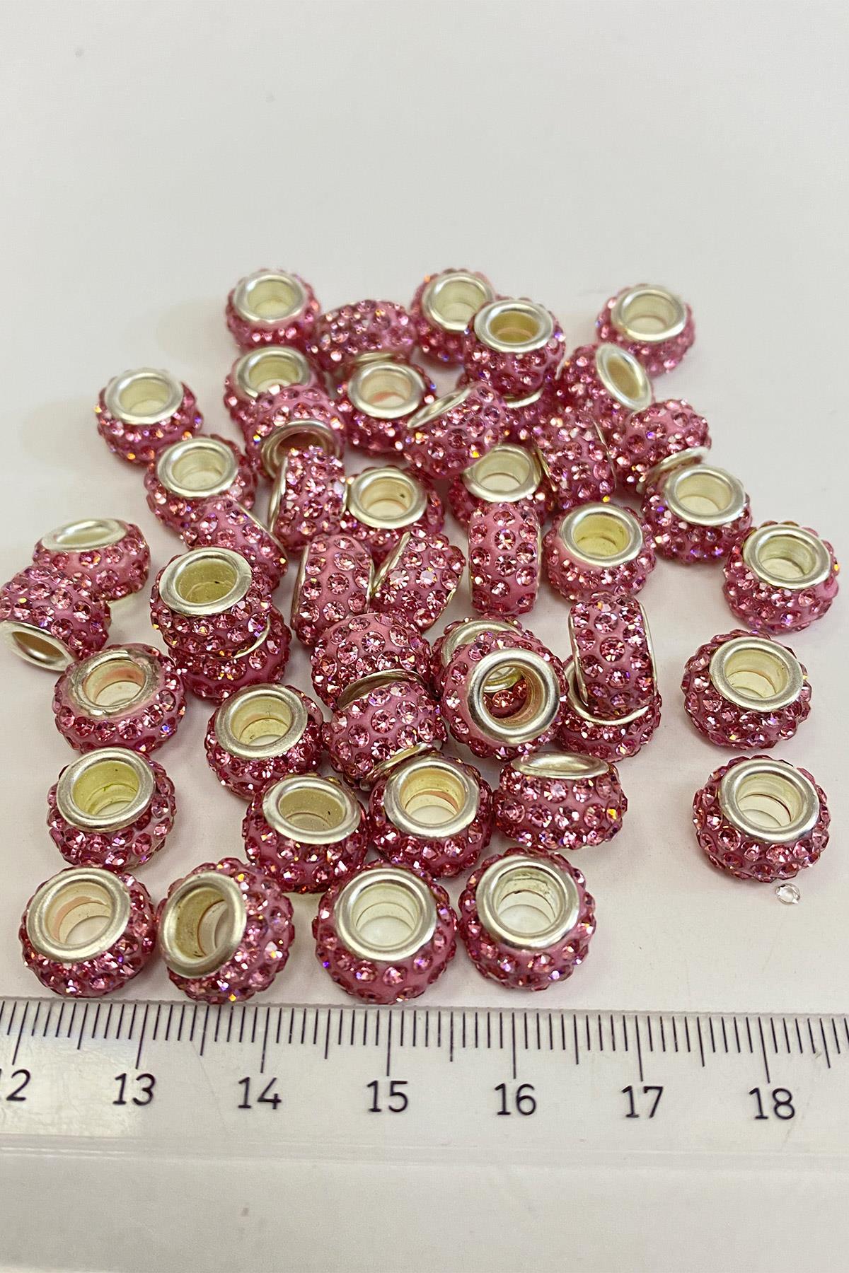 Pembe Parlak Taşlı İri Delikli Boncuk 12 mm