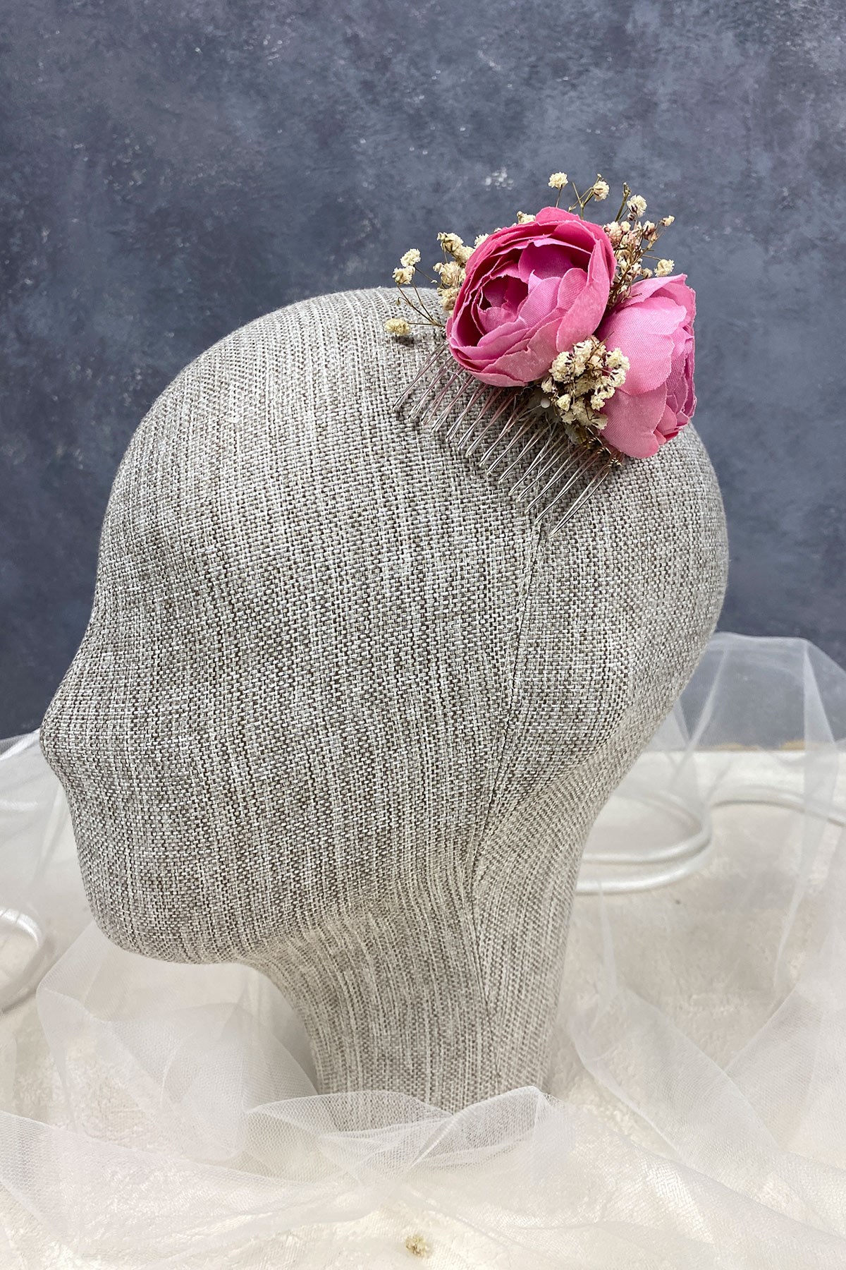 Pembe Şakayık Çiçekli Cipsolu Taraklı Saç Tokası