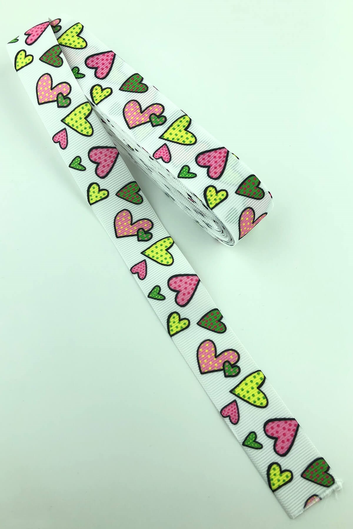 Pink-yellow Heart Printed Grosgrain Ribbon 10 Mt