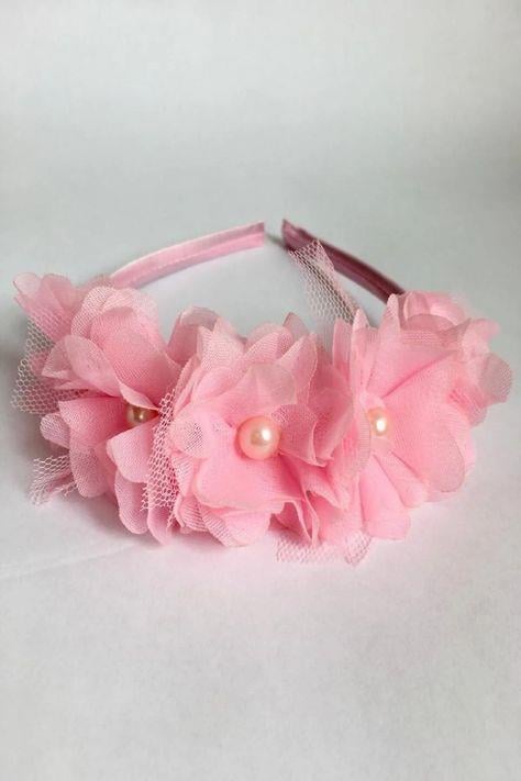 Pembe Şifon Çiçekli Saten Kaplama Düğün Nikah Nişan Gelin Ve Kız Çocuk Tacı