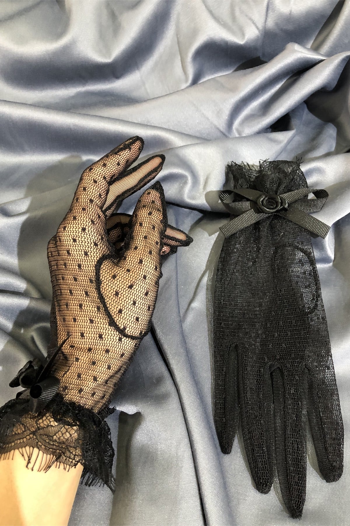 Puanlı Siyah Dantelli Eldiven