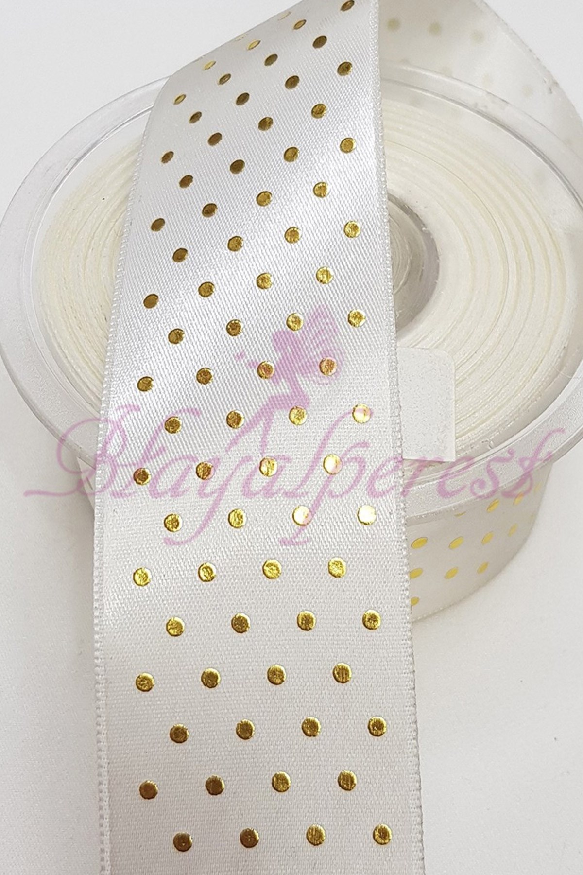 Gold Cream Polka Dot Print Satin Ribbon 4Cm