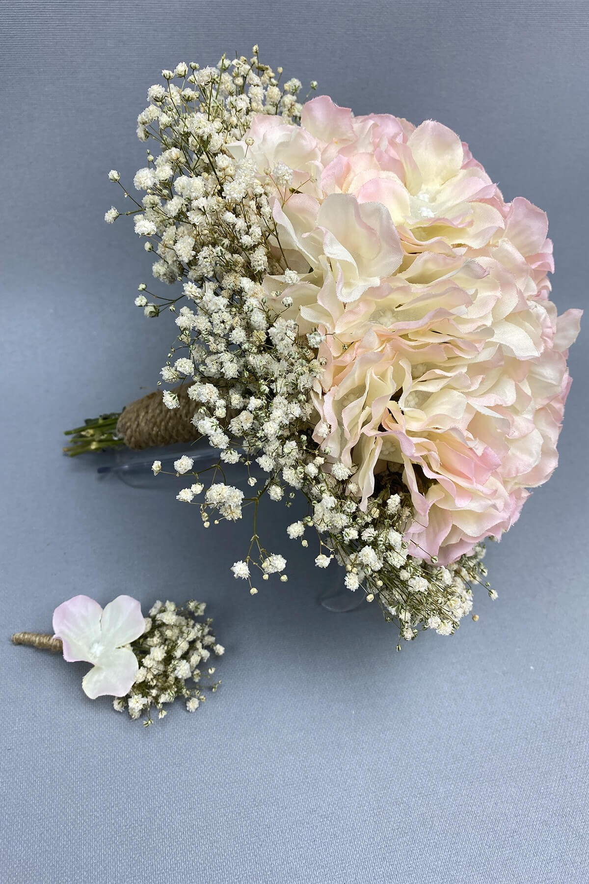 Powder Cream Hydrangea and Cream Gypsum Bride Bouquet Groom Boutonniere