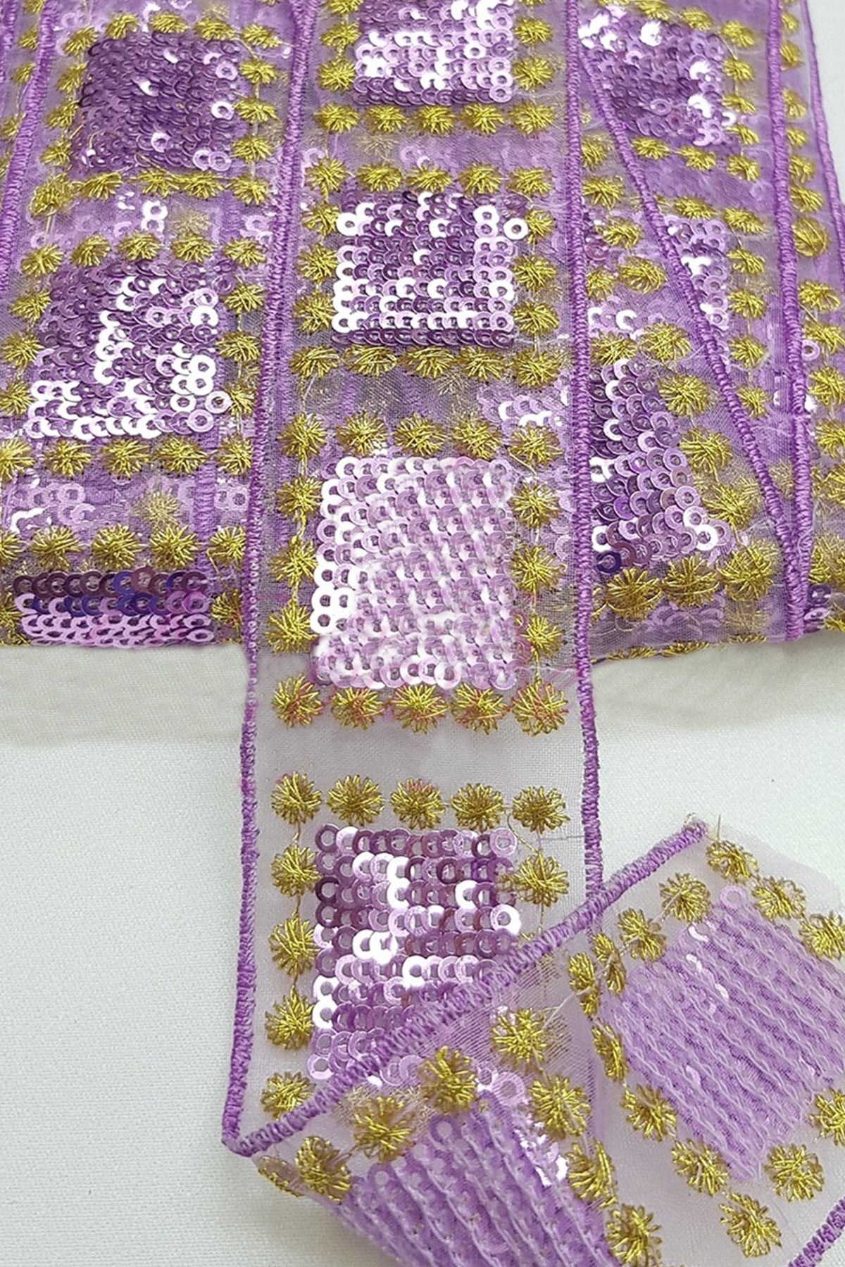 Lilac Gold Embroidered Sequin Ribbon 4 cm