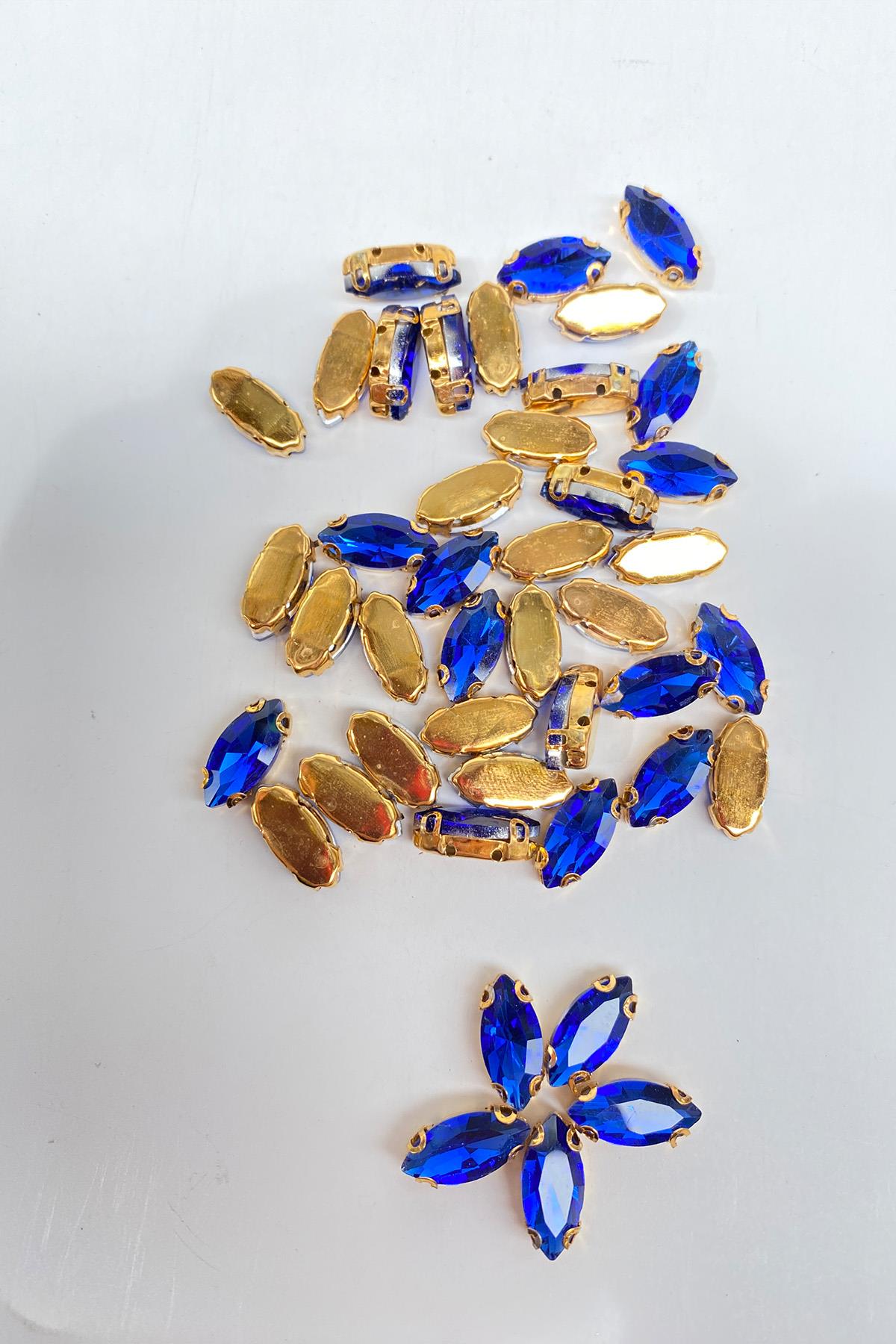 Saks Mavi Gold Zeminli Dikme Parlak Cam Mekik Boncuk 10 Adet