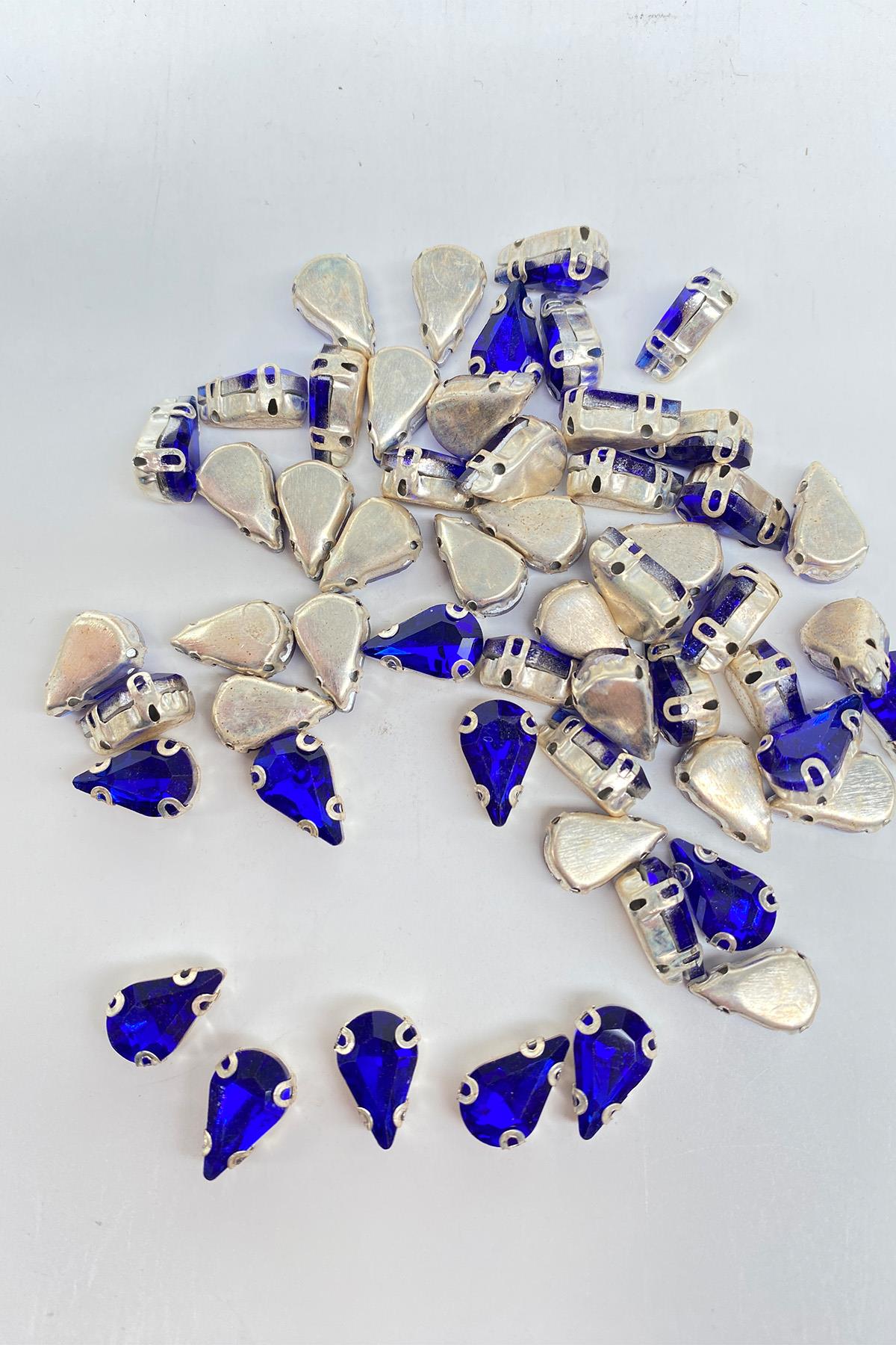 Saks Mavi Kasalı Dikme Parlak Cam Damla Boncuk 10 Adet