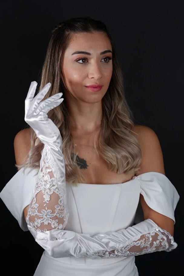 Saten ve Dantel Detaylı Gelin Nikah Düğün Eldiveni