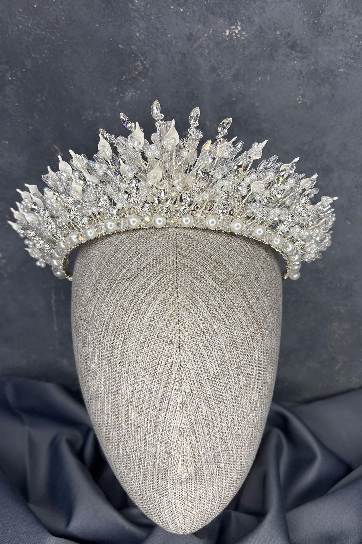 Sedia Yoğun İşlemeli Sedefli Kristalli Gelin Tacı Saç Aksesuarı