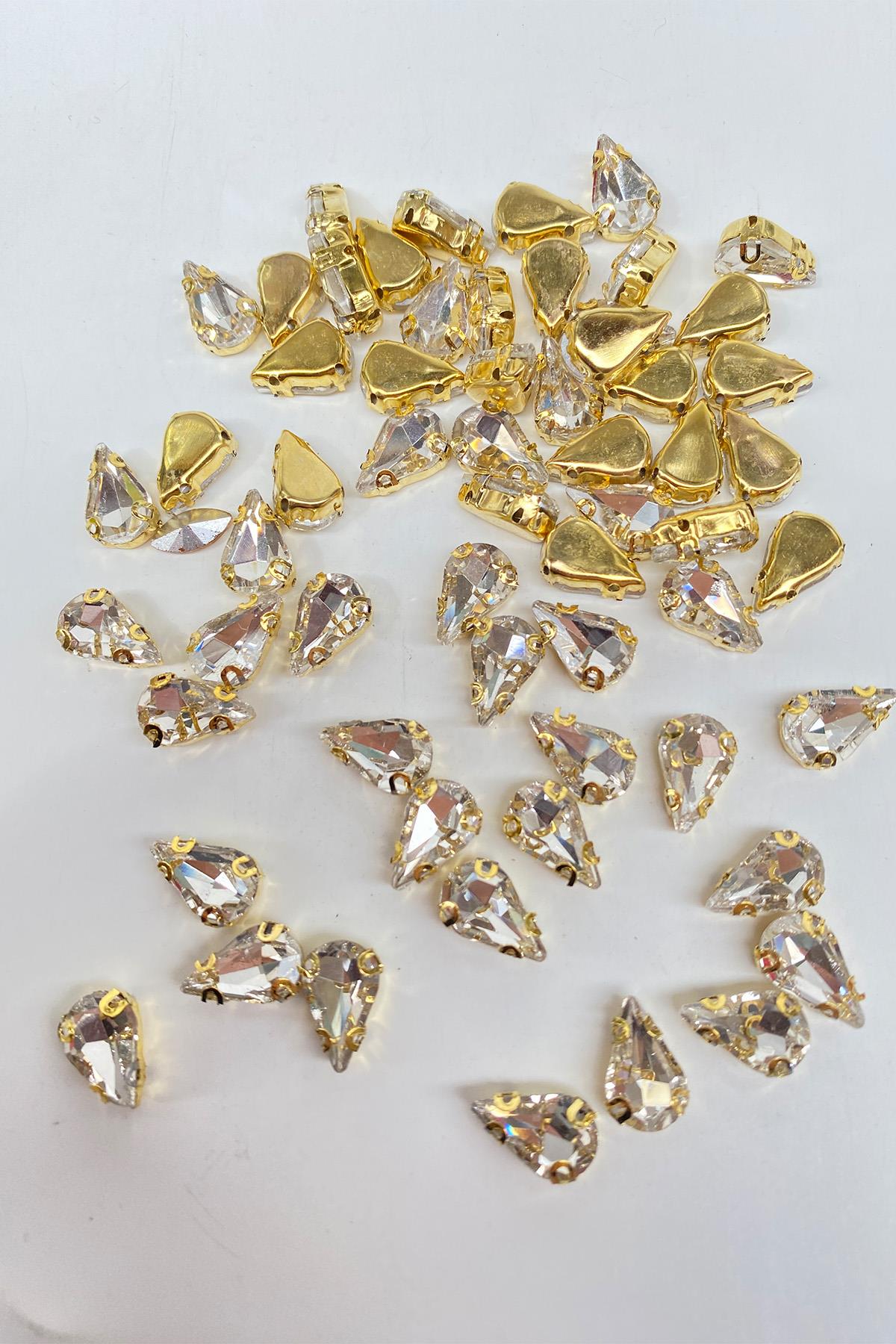 Şeffaf Gold Gold Zeminli Dikme Parlak Cam Damla Boncuk 10 Adet