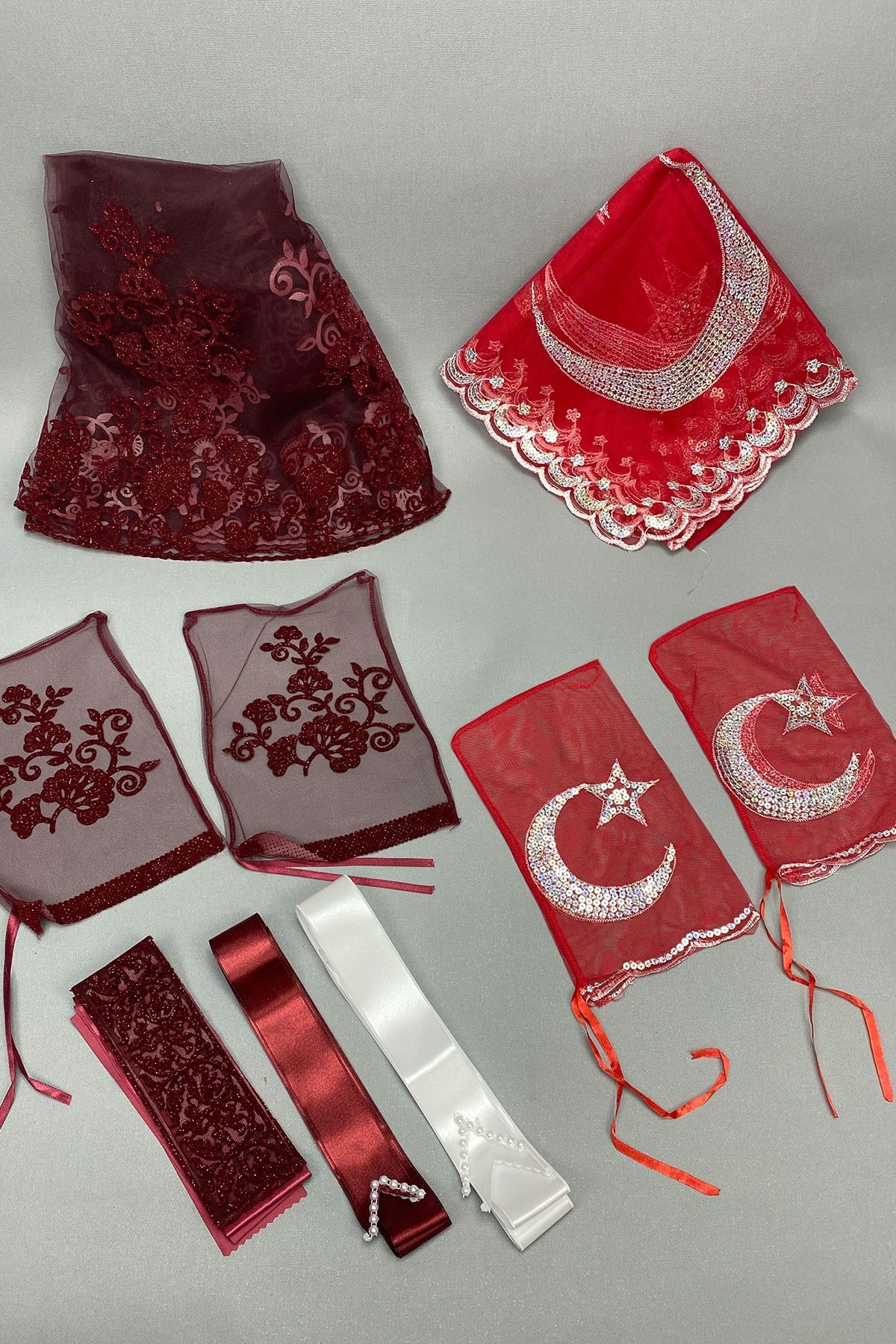 Simli Gelin Yüz Örtüsü ve Ay Yıldızlı Damat Örtüsü Takı Kurdelesi