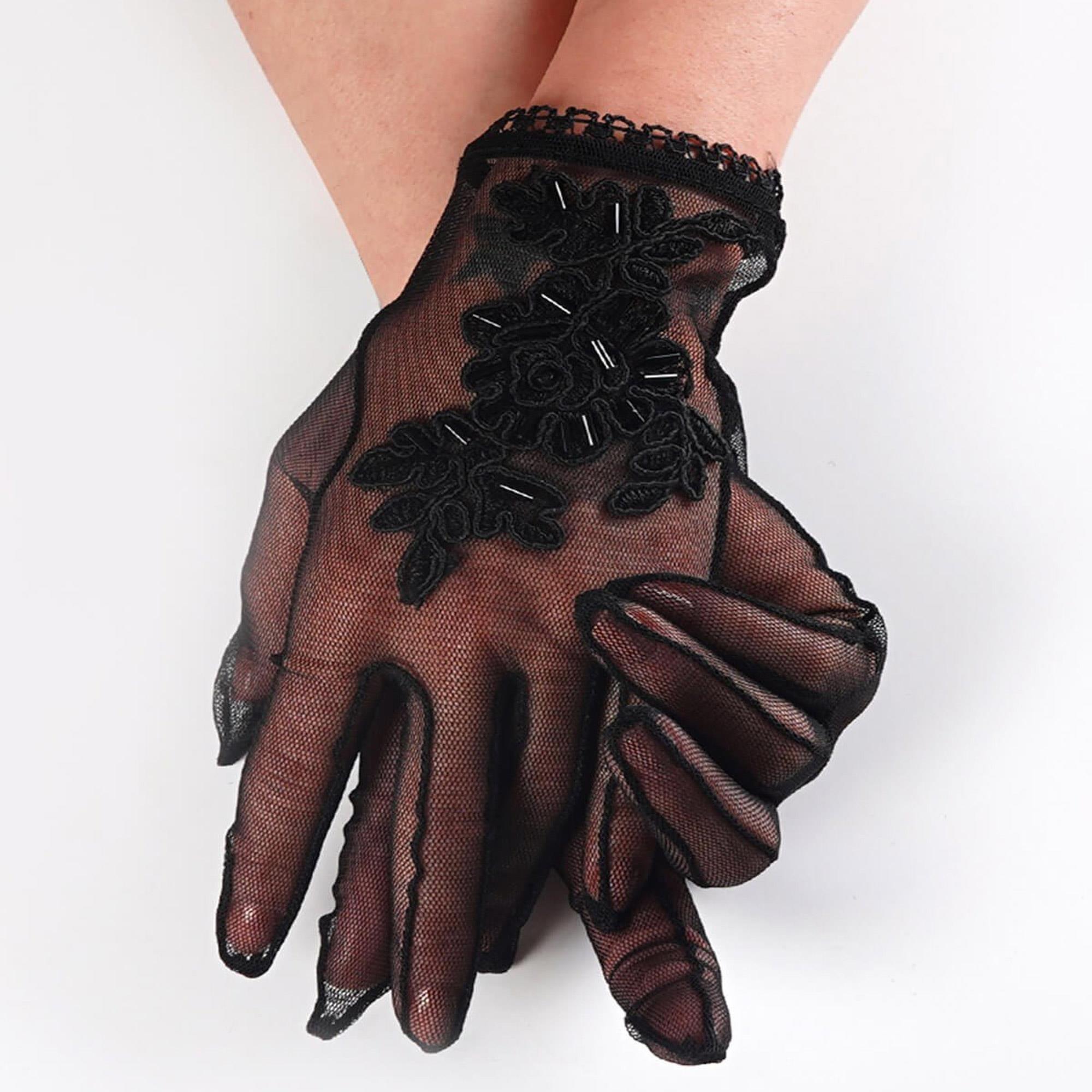 Siyah Boncuk İşlemeli Gelin Eldiveni