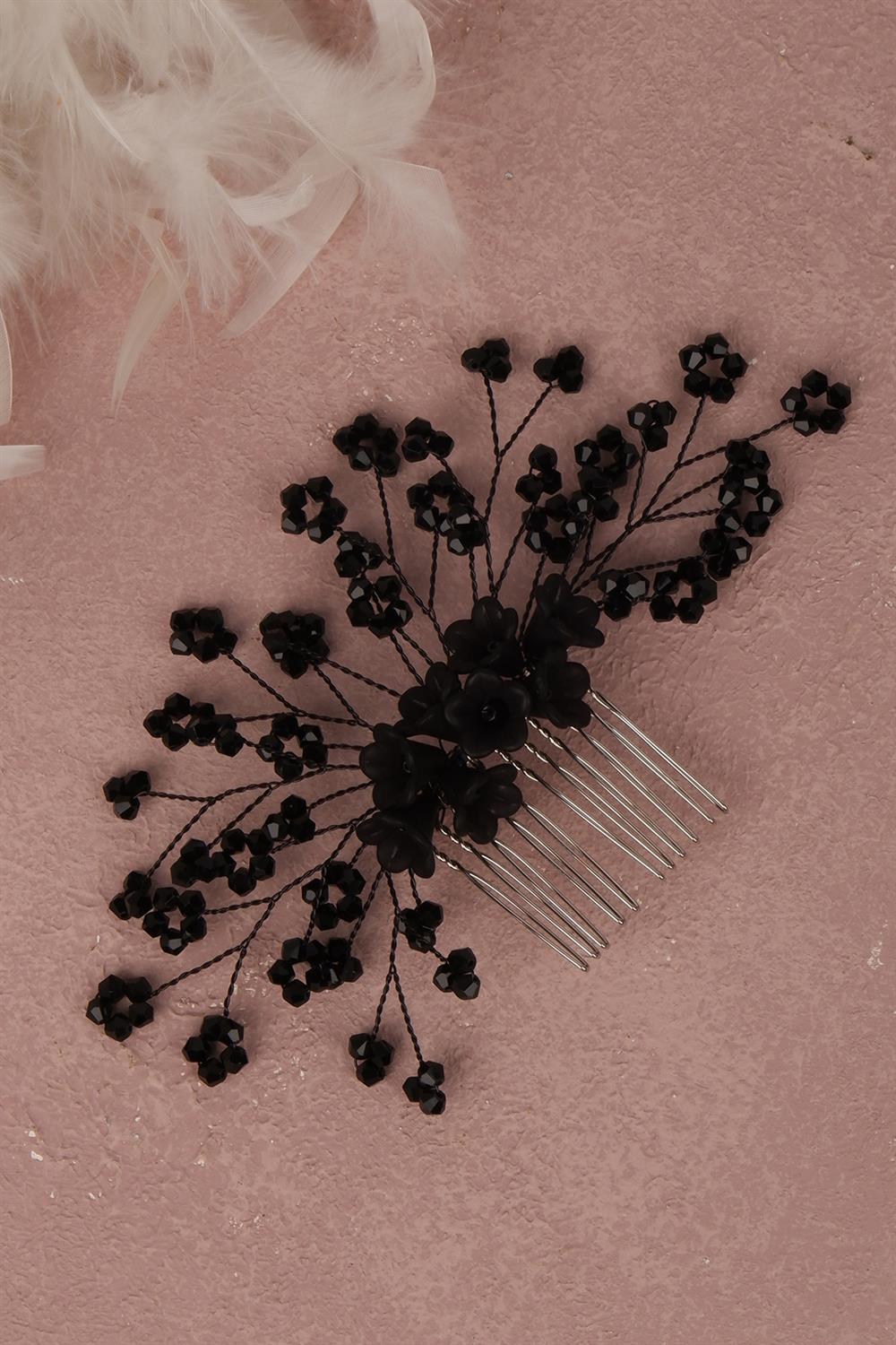 Siyah Çiçek Boncuklu Gelin Saç Aksesuarı Tarak Tokası