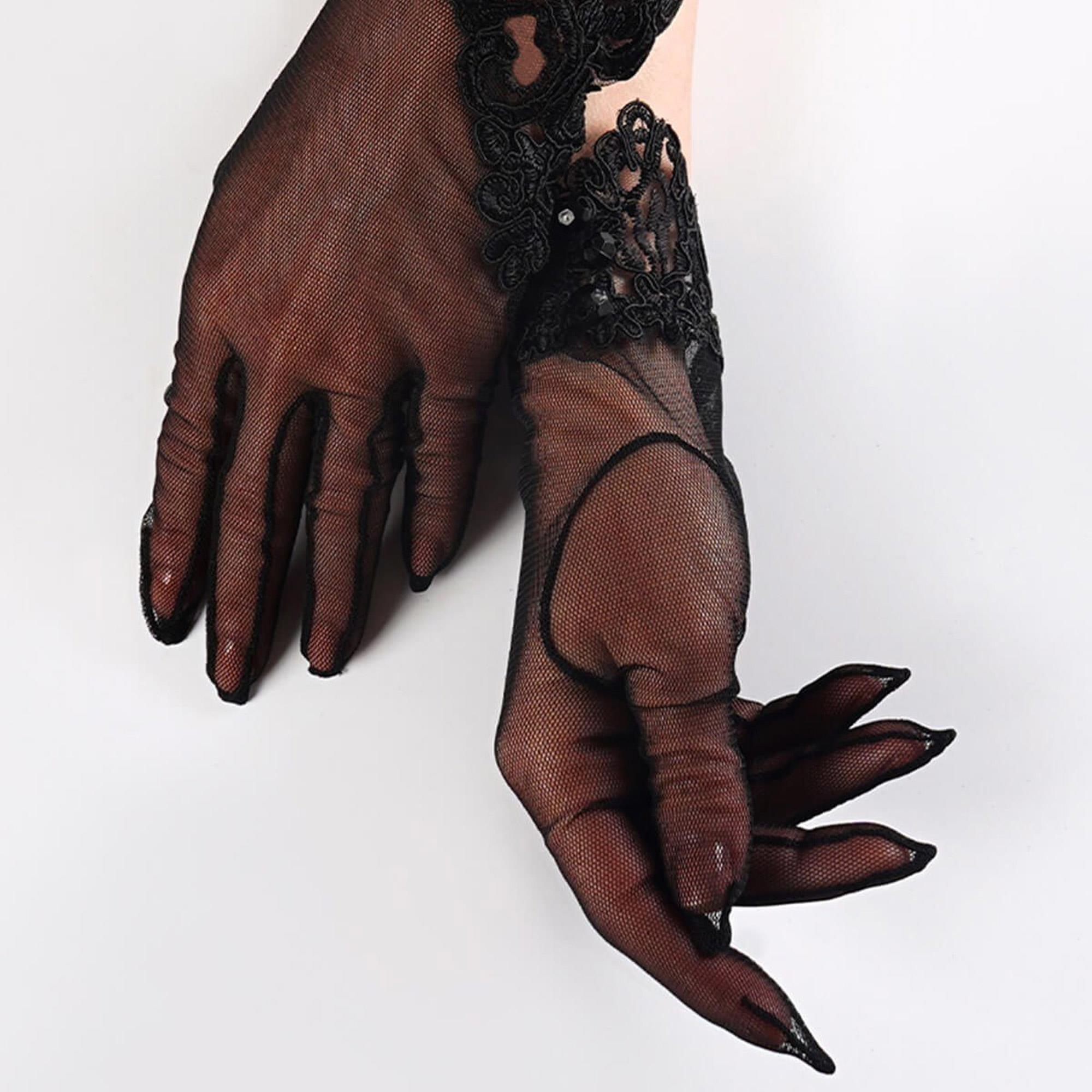 Siyah Dantel Detaylı Boncuklu Gelin Eldiveni