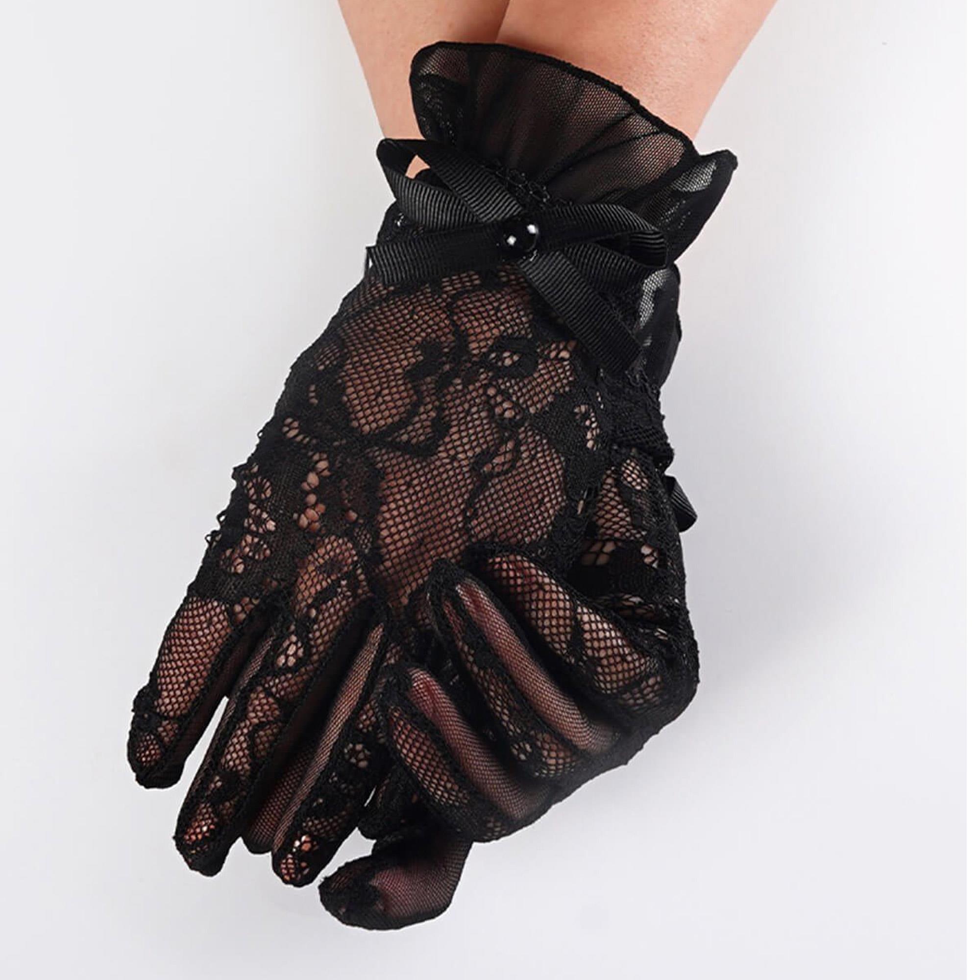 Siyah Dantel ve Fiyonklu Gelin Eldiveni