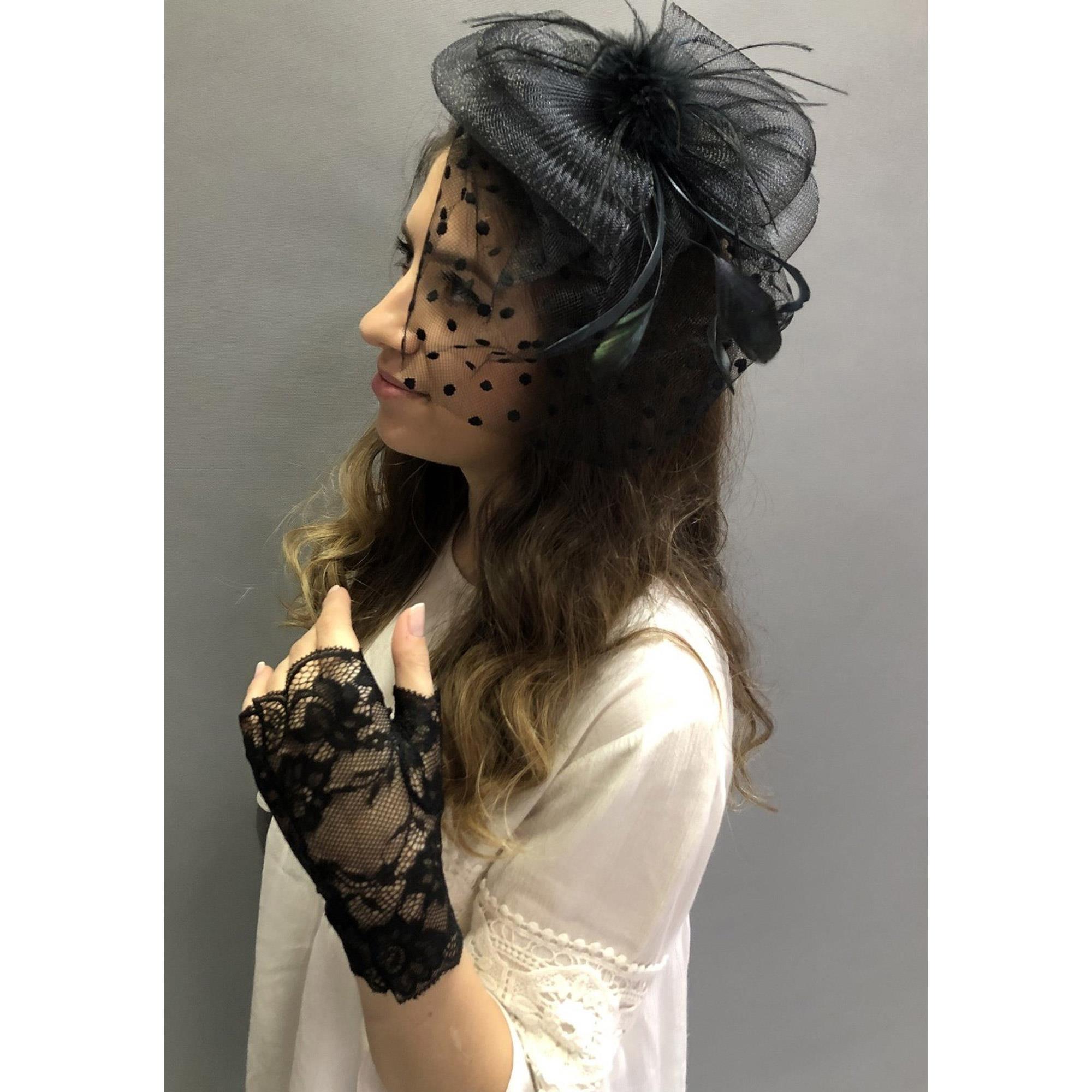 Siyah Dantelli Kısa Eldiven-Vualet Nikah Şapkası
