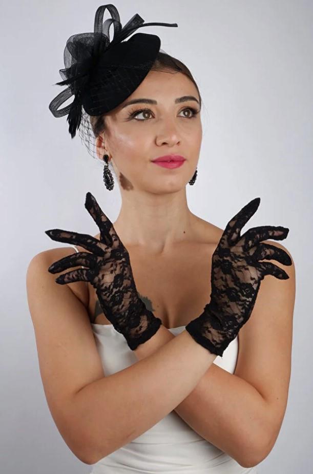 Siyah Kısa Dantelli Gelin Eldiveni Düğün Nikah Aksesuarı Fascinator Şapka Seti