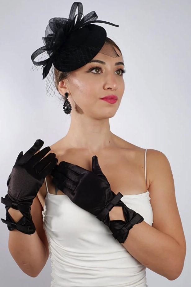 Siyah Saten Kısa Dantelli Gelin Eldiveni Düğün Nikah Aksesuarı Fascinator Şapka Seti