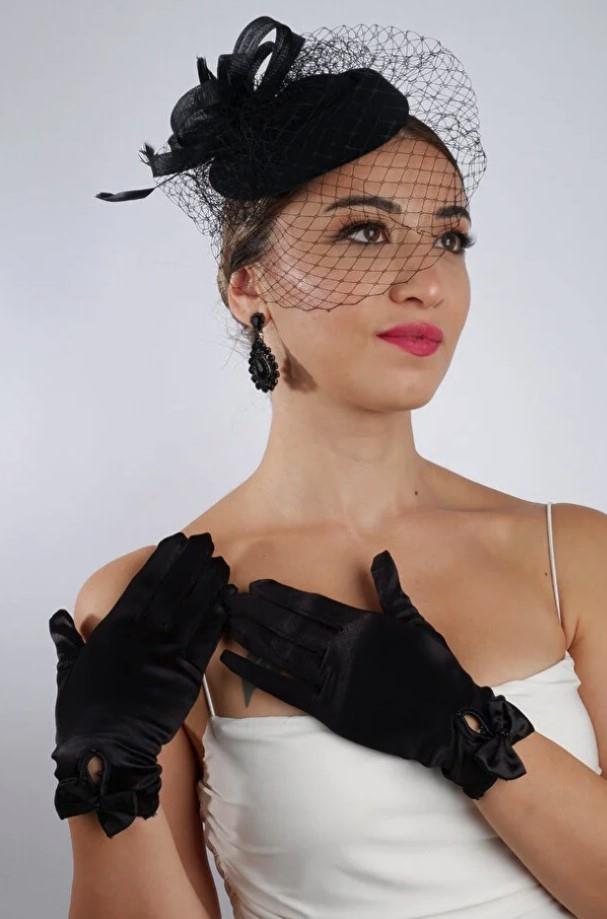 Siyah Saten Kısa Gelin Eldiveni Düğün Nikah Aksesuarı Fascinator Şapka Seti