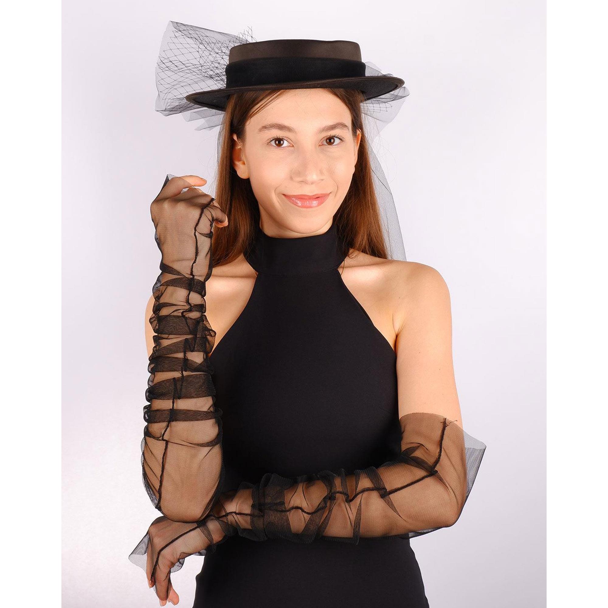 Siyah Vualet Nikah Şapkası Ade Gelin Aksesuarı Ve Tül Eldiven