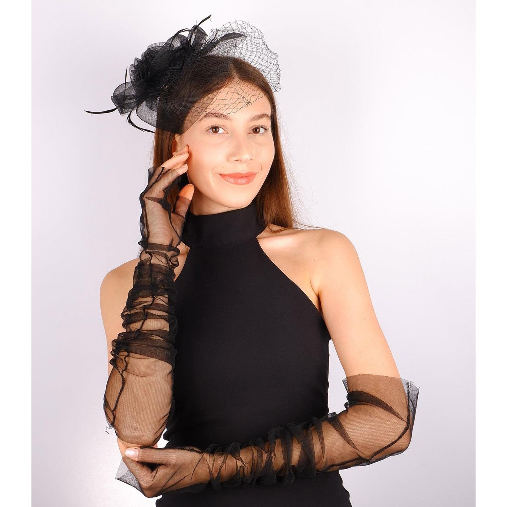 Siyah Vualet Nikah Şapkası Canel Gelin Aksesuarı Ve Tül Eldiven