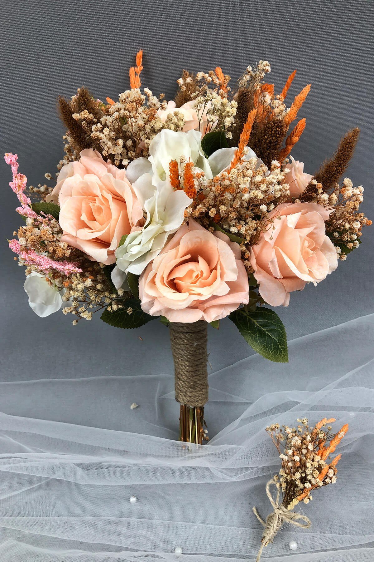 Salmon and White Dried Flower Bridal Bouquet and Boutonniere