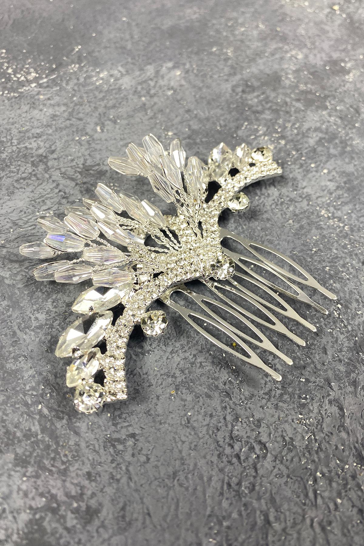 Taşlı Boncuk İşlemeli Diza Taraklı Gelin Saç Tokası