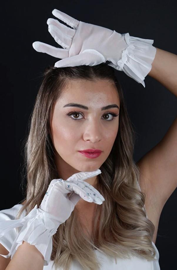 Taşlı Tül Fiyonklu Kısa Gelin Eldiveni Nikah Aksesuarı