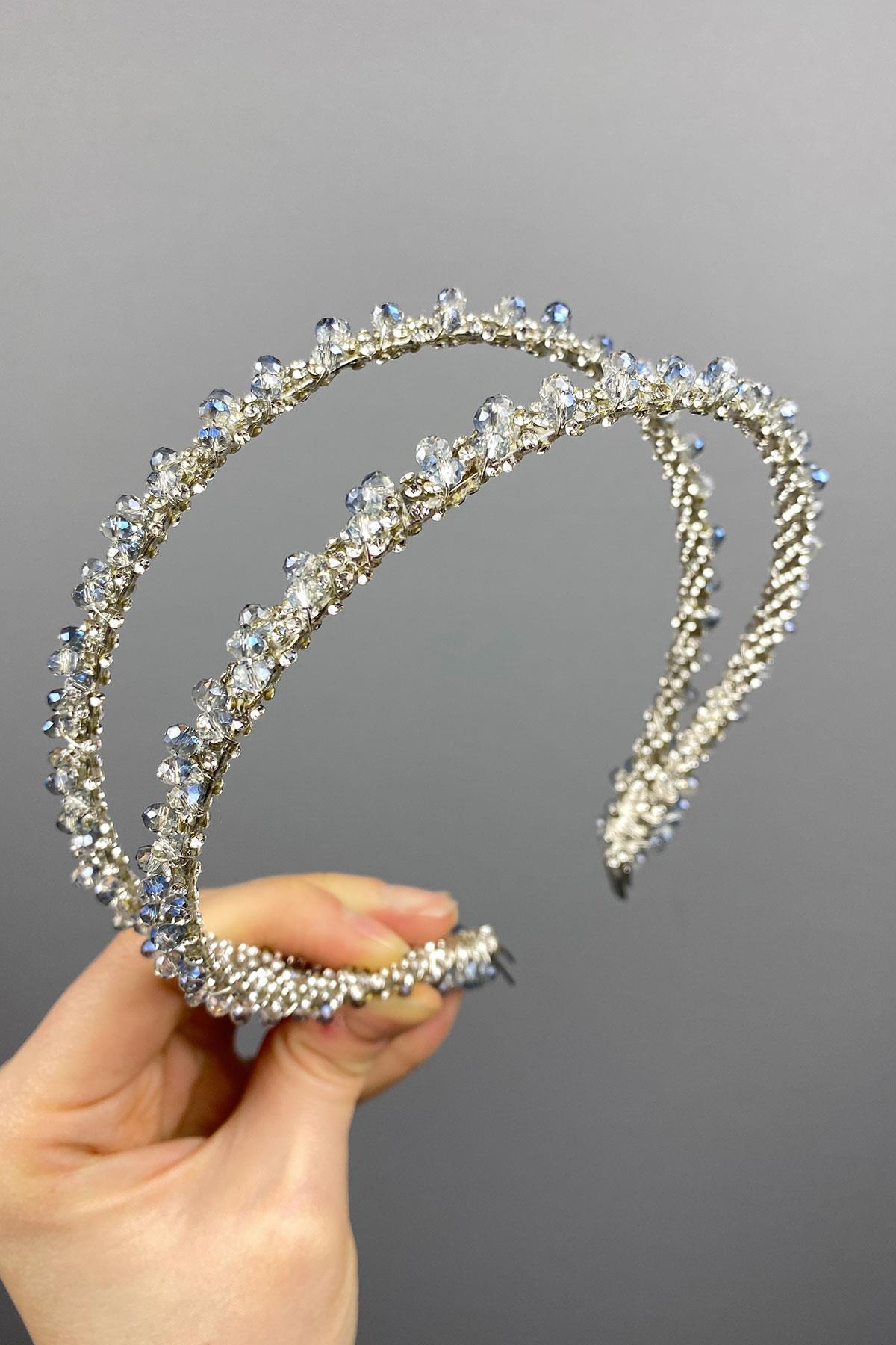 Wholesale Light Blue Design Beaded Handmade Dahlia Double Row Bridal Crown
