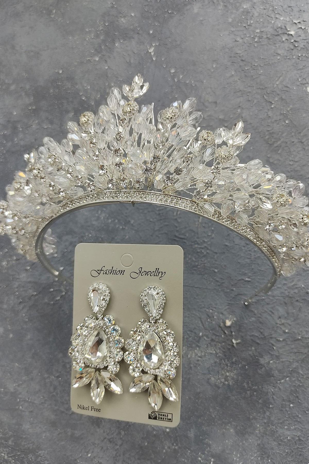 Wholesale Akbahar Model Bridal Crown and Shuttle Drop Stone Earrings