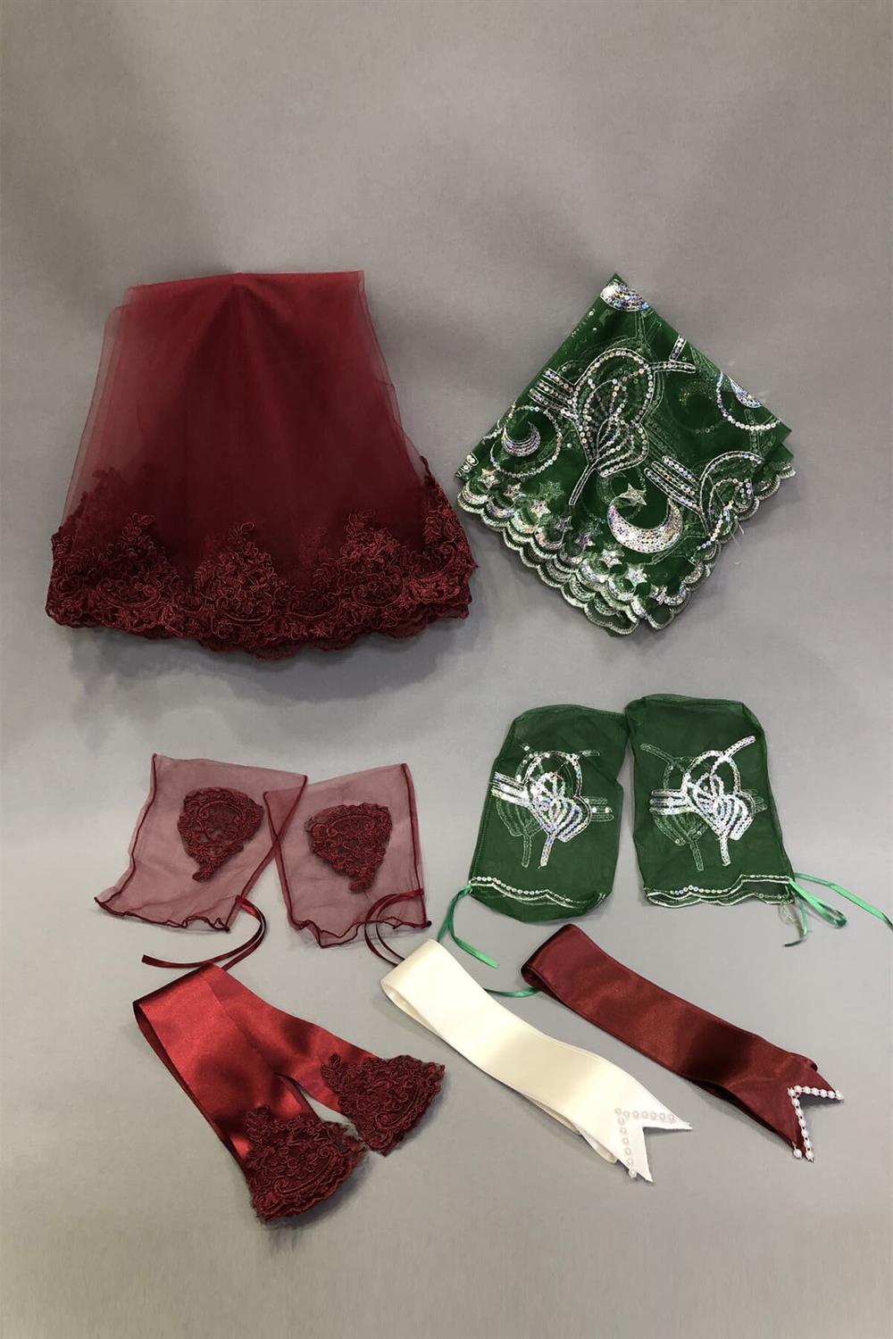 Wholesale Burgundy Bridal Veil, Groom's Veil and Jewelry Ribbon Set