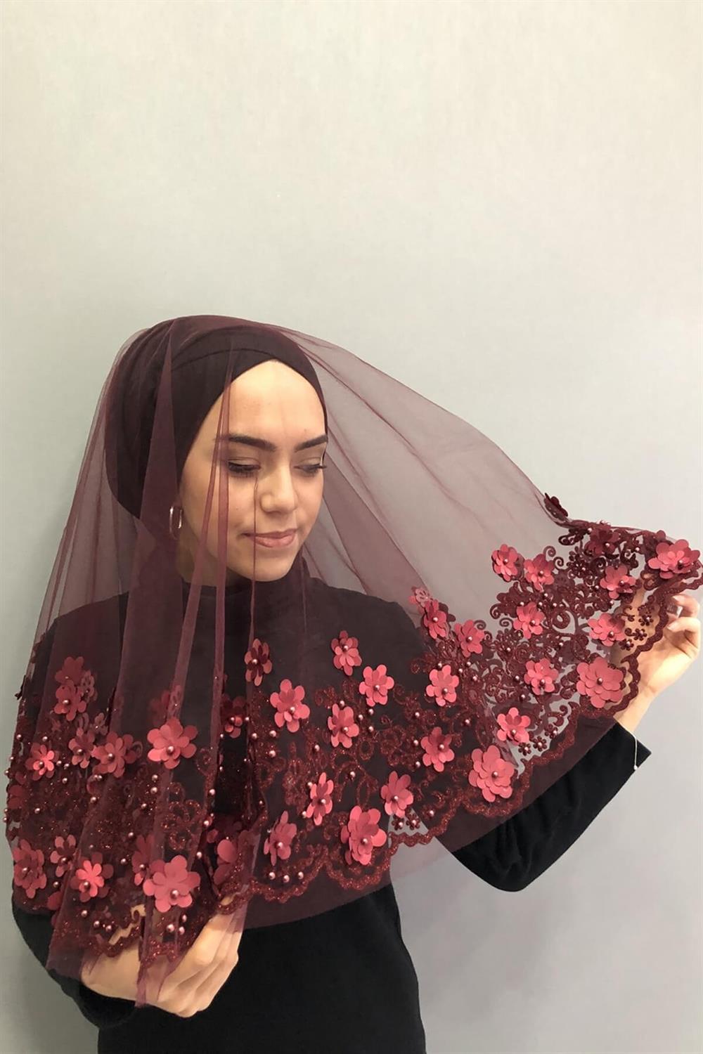 Wholesale Burgundy Embroidered Bridal Veil Henna Face Veil