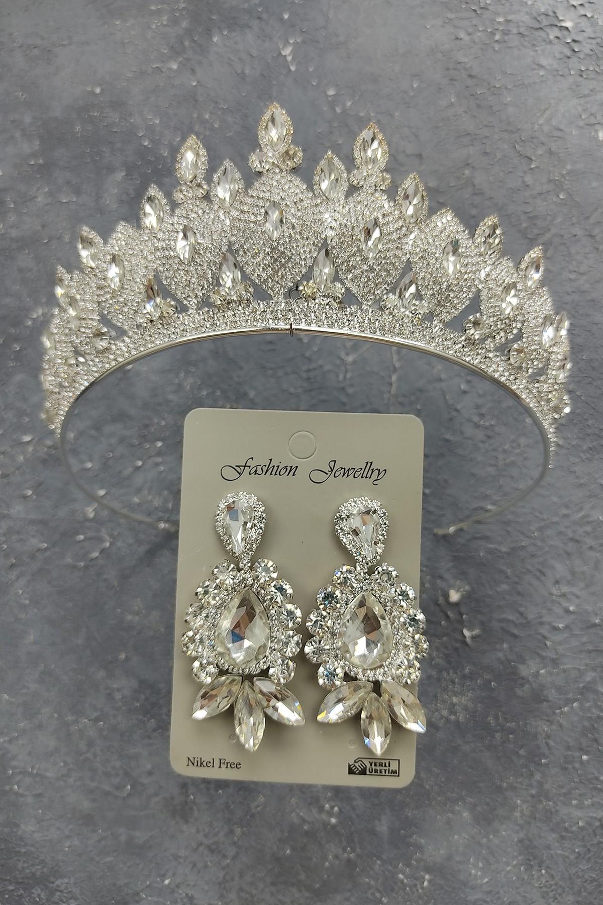 Wholesale Dilruba Model Bridal Crown and Shuttle Drop Stone Earrings
