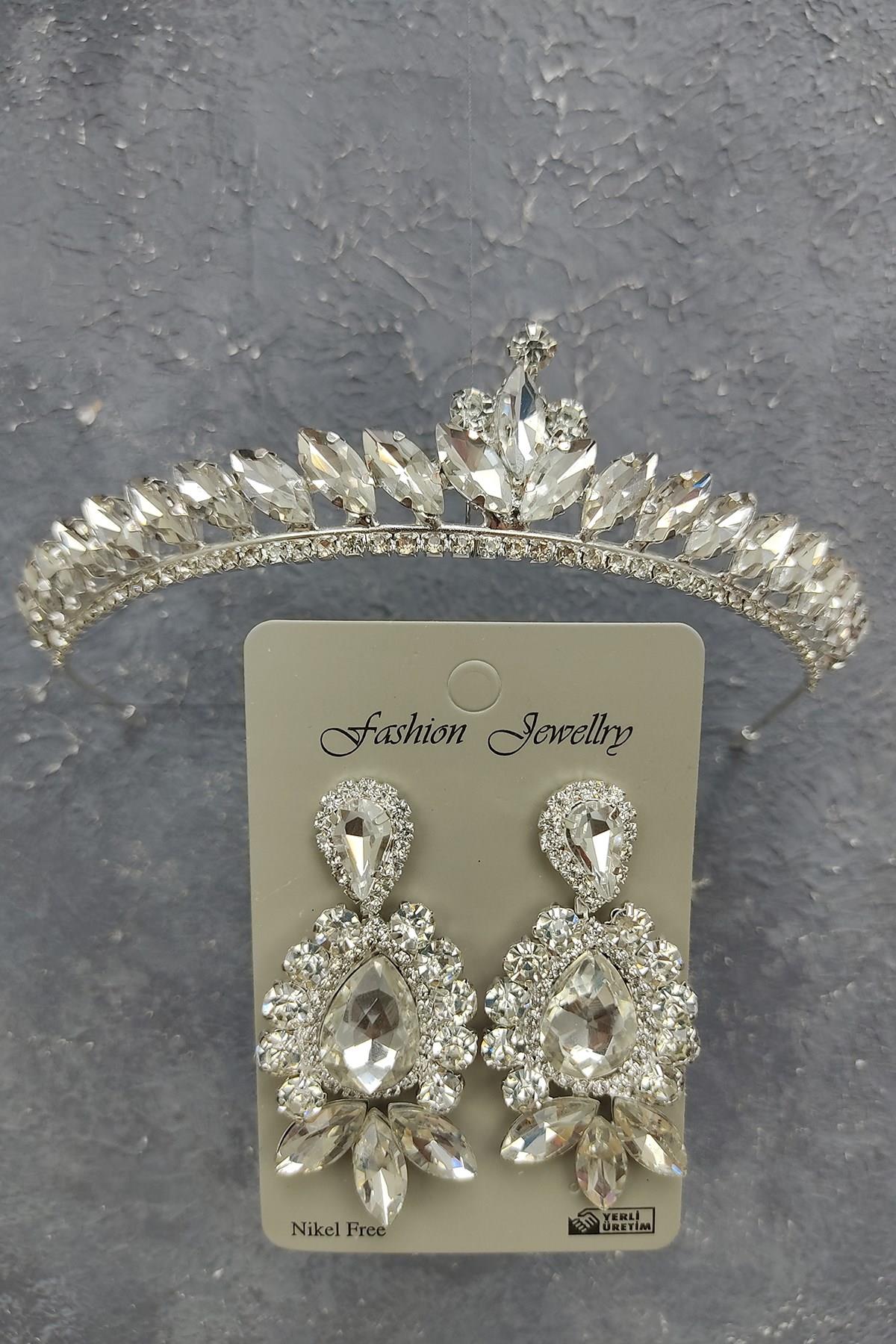 Wholesale Ece Model Bridal Crown and Shuttle Drop Stone Earrings