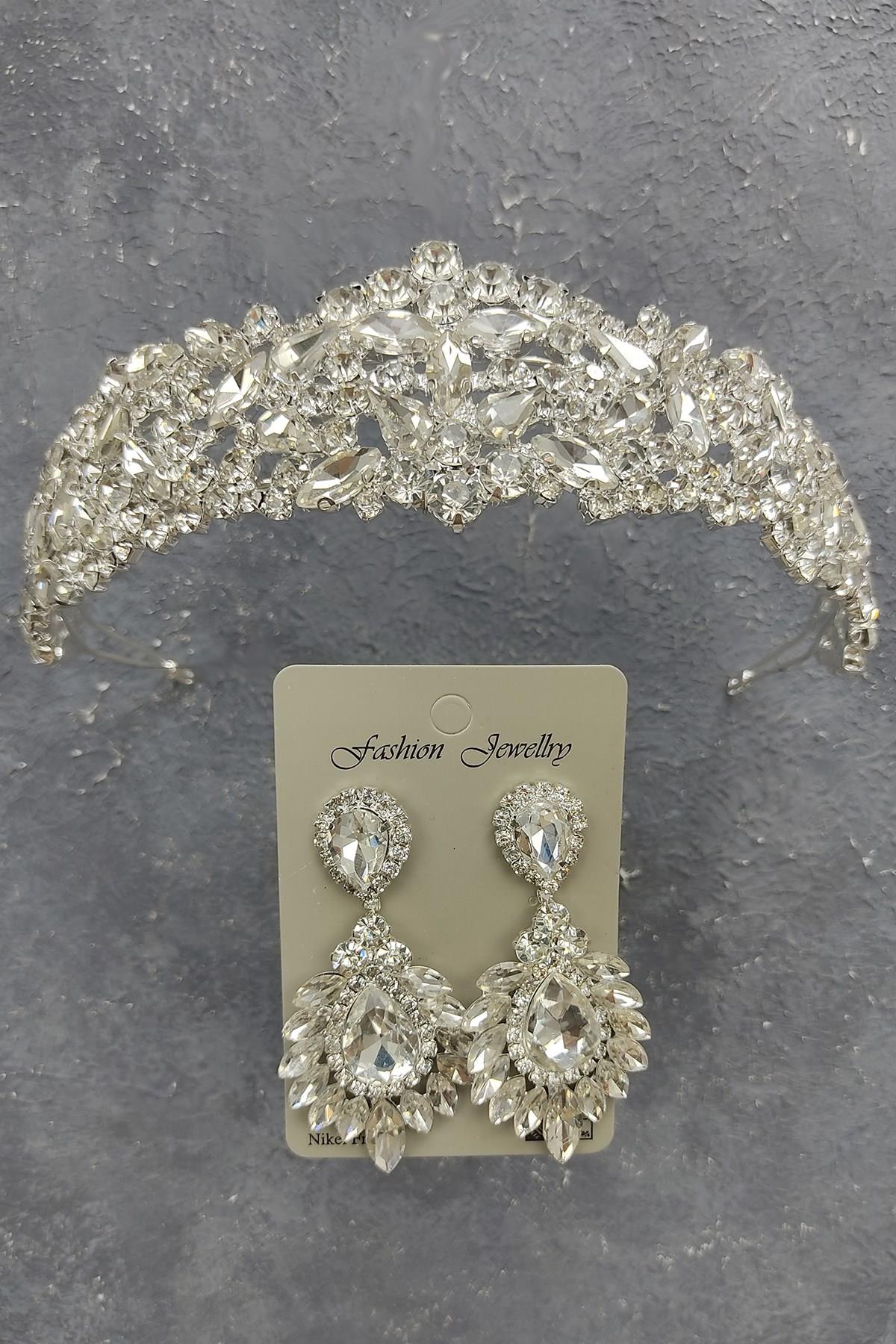 Wholesale Ela Model Bridal Crown and Drop Shuttle Stone Earrings
