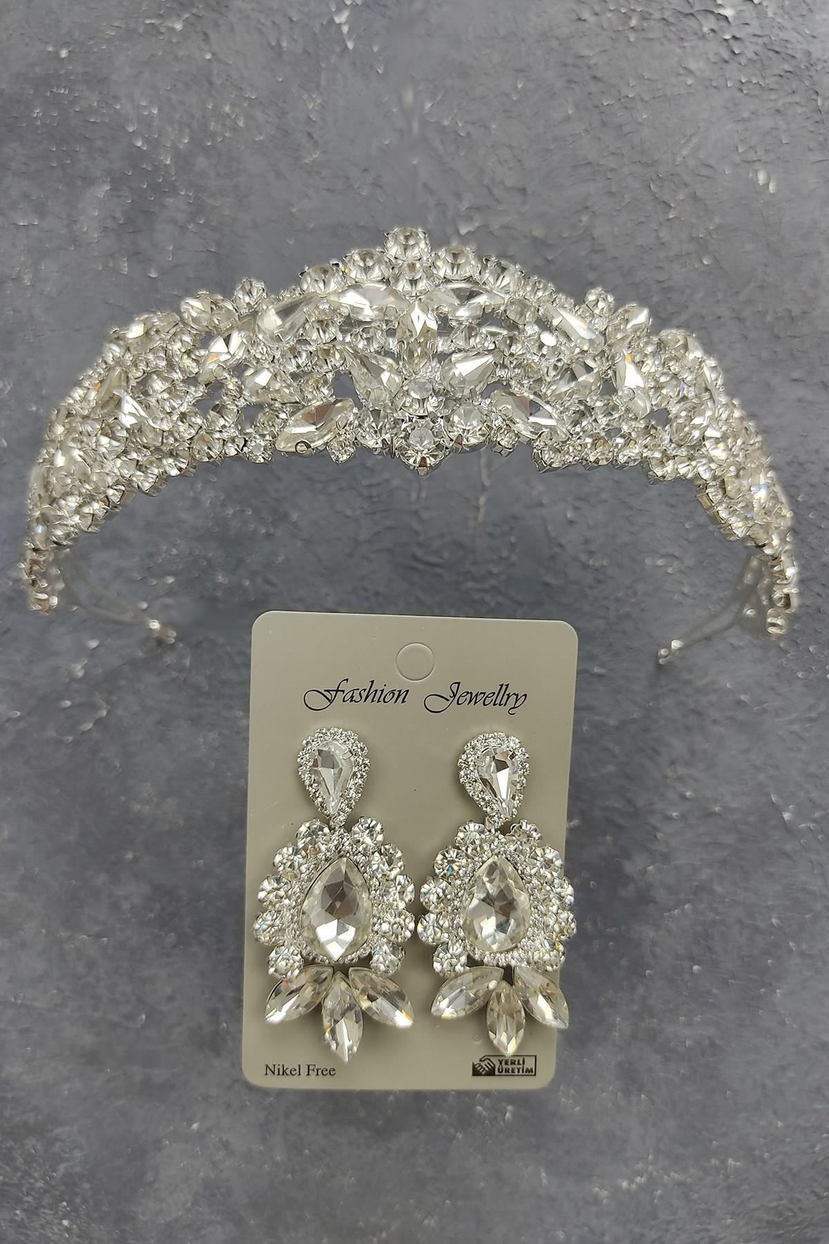 Wholesale Ela Model Bridal Crown and Shuttle Drop Stone Earrings