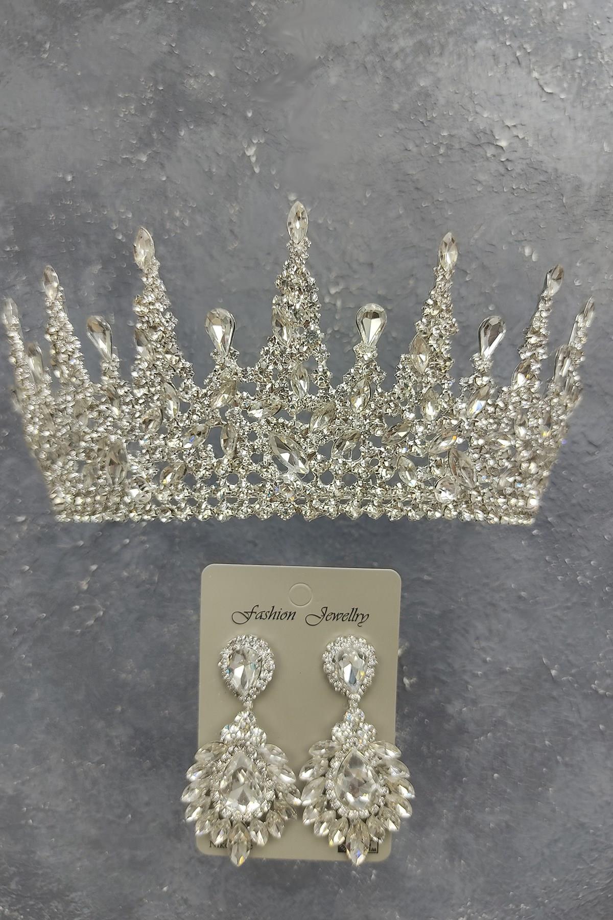 Wholesale Gatria Model Bridal Crown and Drop Shuttle Stone Earrings
