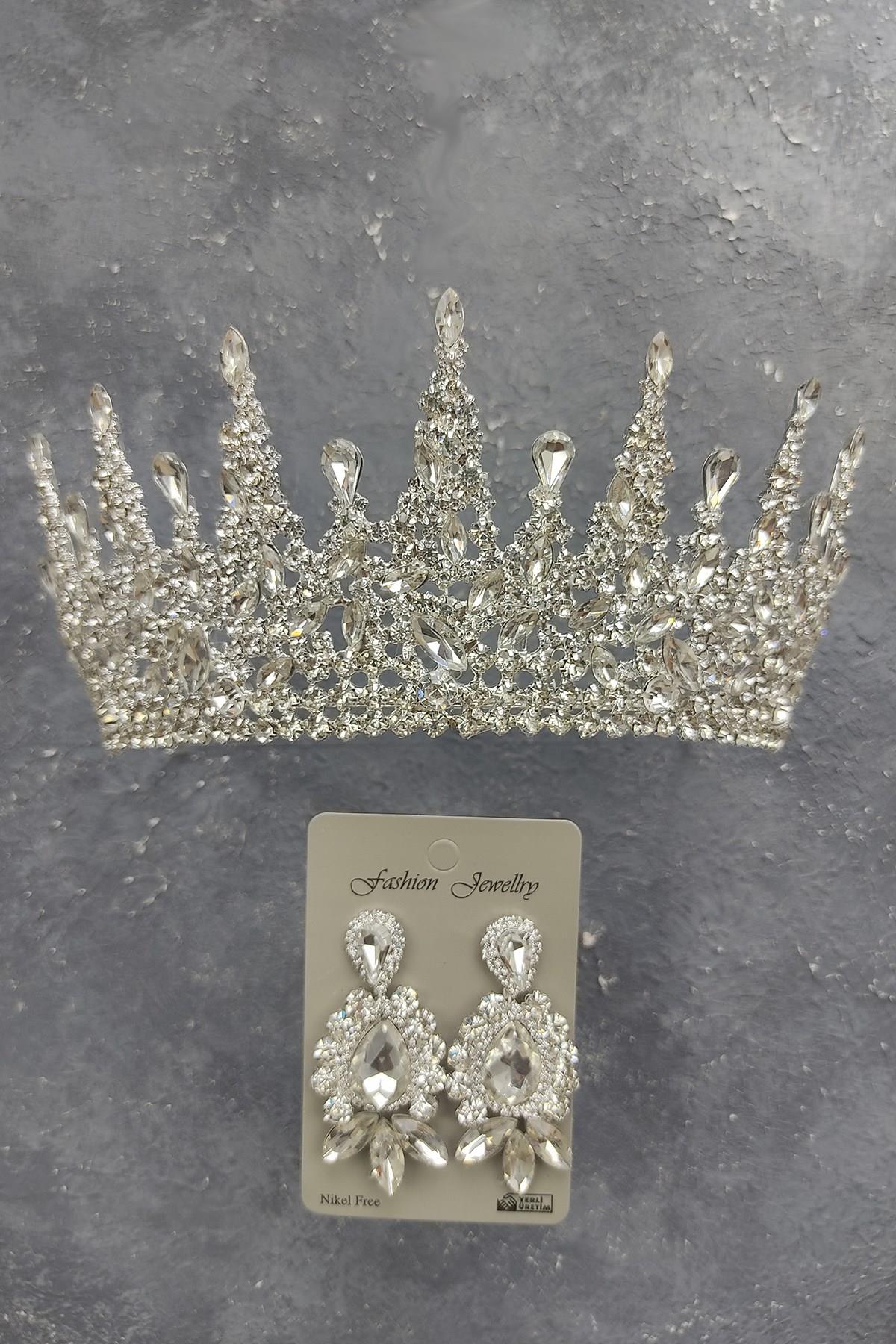Wholesale Gatria Model Bridal Crown and Shuttle Drop Stone Earrings