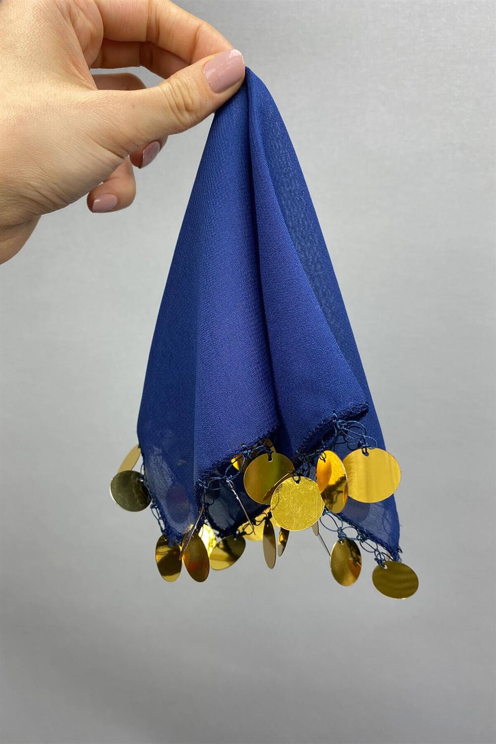 Wholesale Gold Sequin Embroidered Luxury Halay Handkerchief 1 Piece Dark Blue