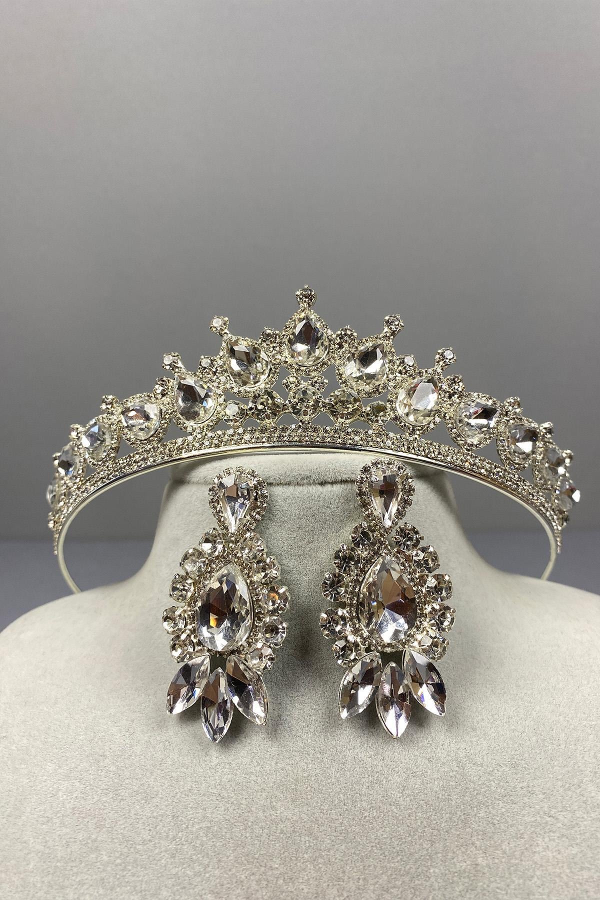 Wholesale Silver Ade Bridal Crown and Drop Shuttle Earring Set