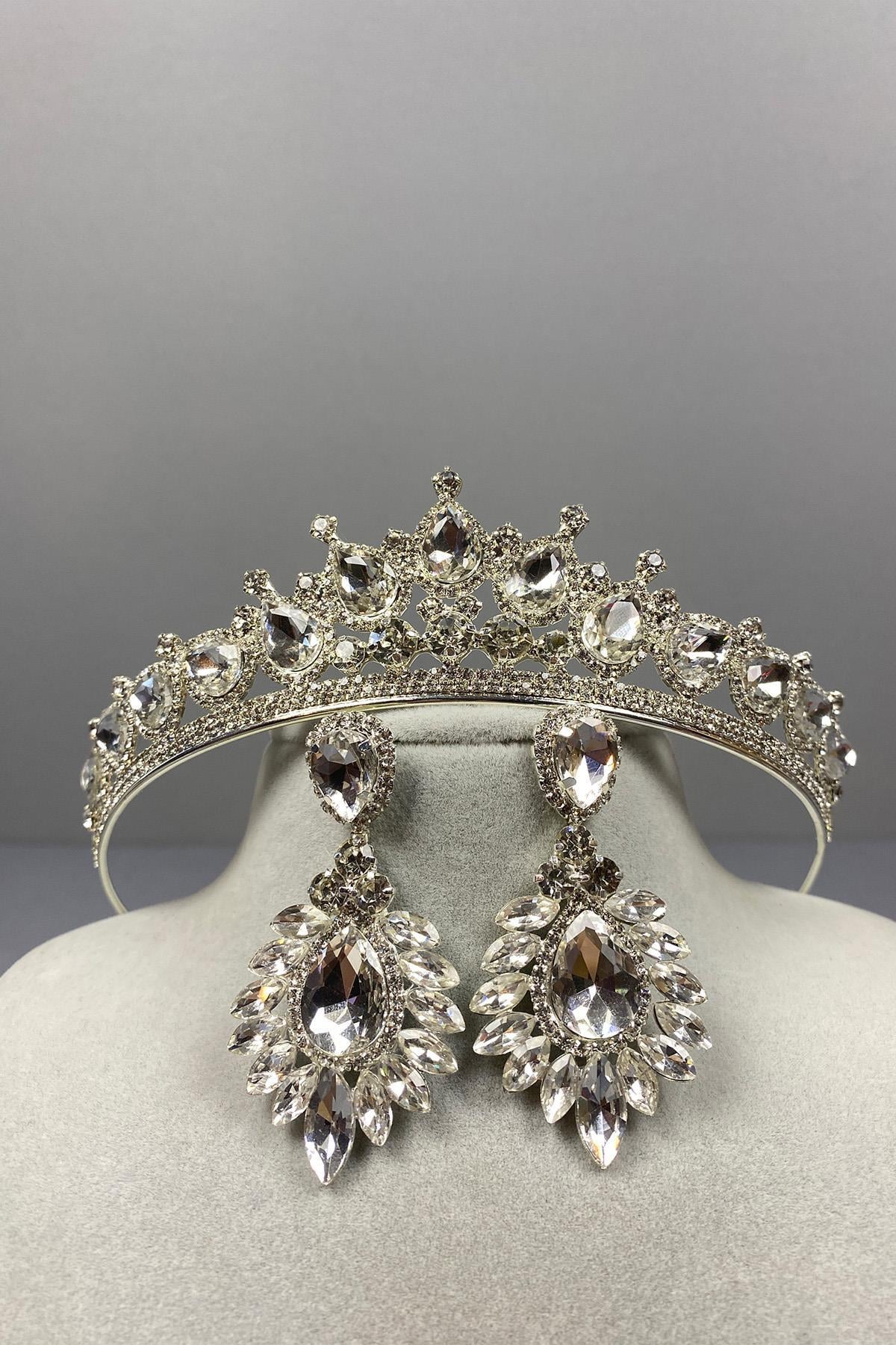 Wholesale Silver Ade Bridal Crown and Shuttle Drop Stone Earrings