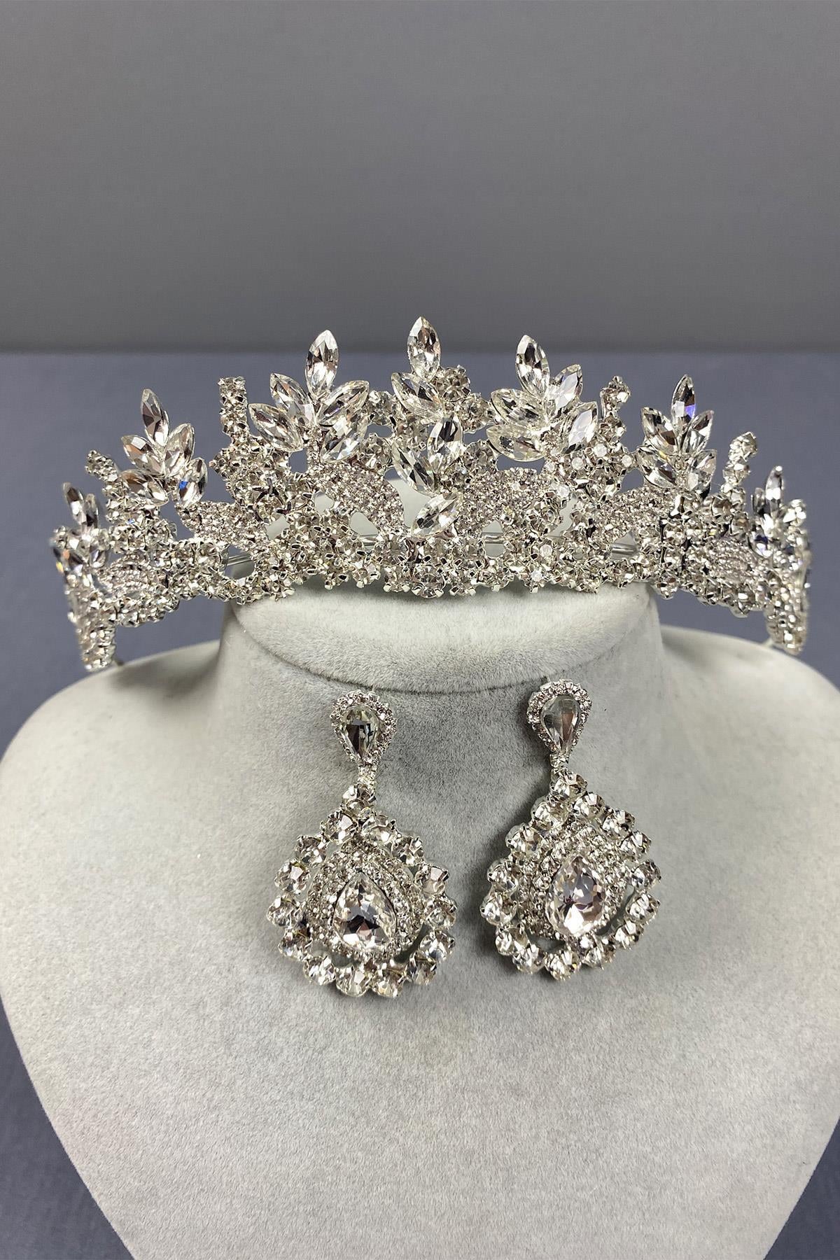 Wholesale Silver Belur Bridal Crown and Drop Stone Earring Set