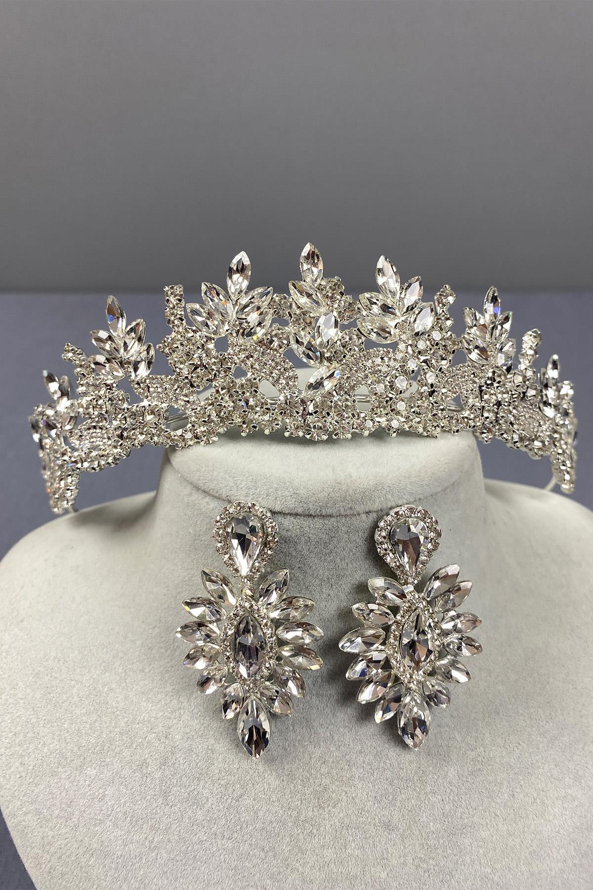 Wholesale Silver Belur Bridal Crown and Shuttle Stone Earring Set