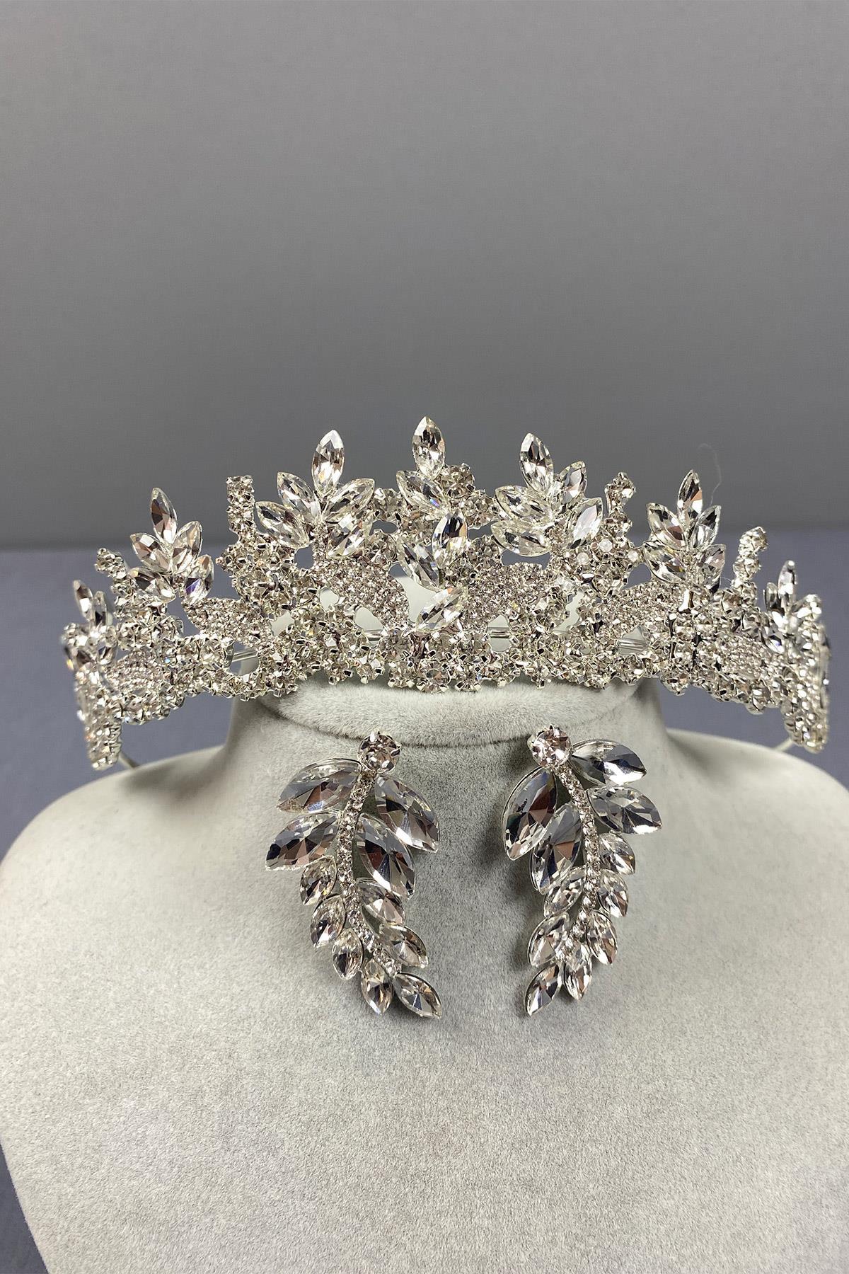 Wholesale Silver Belur Bridal Crown and Leaf Earring Set