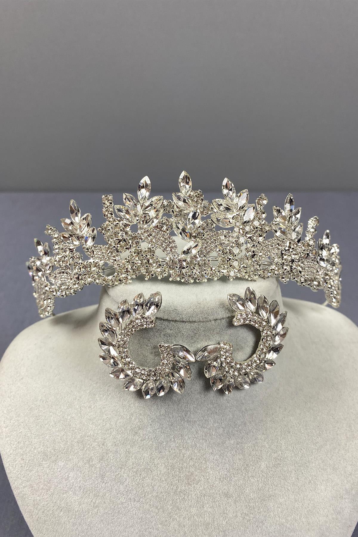 Wholesale Silver Belur Bridal Crown and Round Earring Set