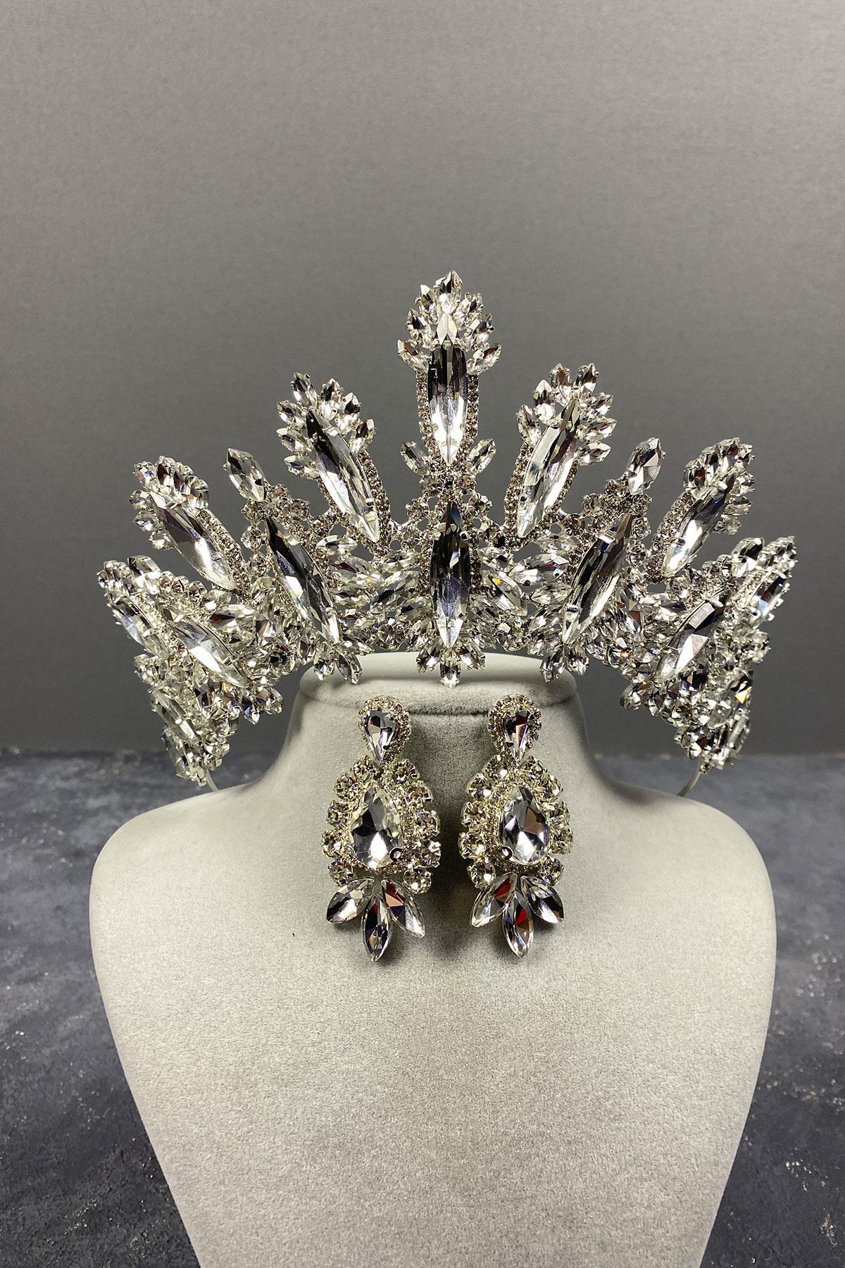 Wholesale Silver Dalia High Stone Bridal Crown Evening Dress Earring Set